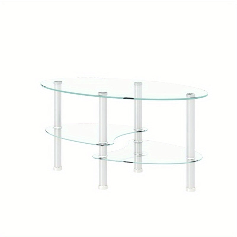 Table basse en verre ovale transparente, table moderne avec pied en acier inoxydable, table à thé, table en verre à 3 couches pour salon, sans batterie