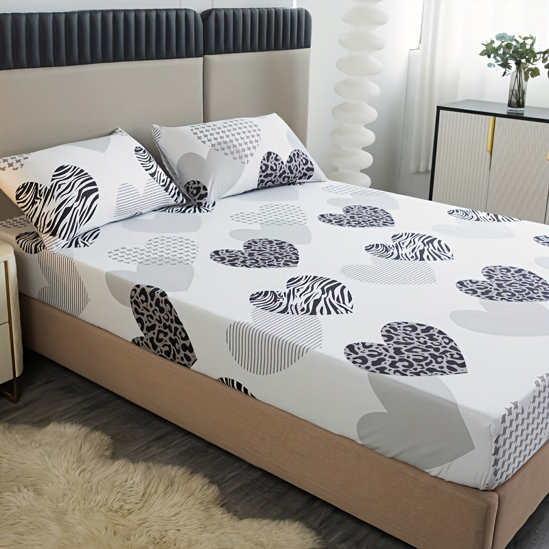 3pcs Love Heart Pattern Bedding Set - Soft, Fitted Sheet & Pillowcases for Bedroom and Guest Room - Machine Washable