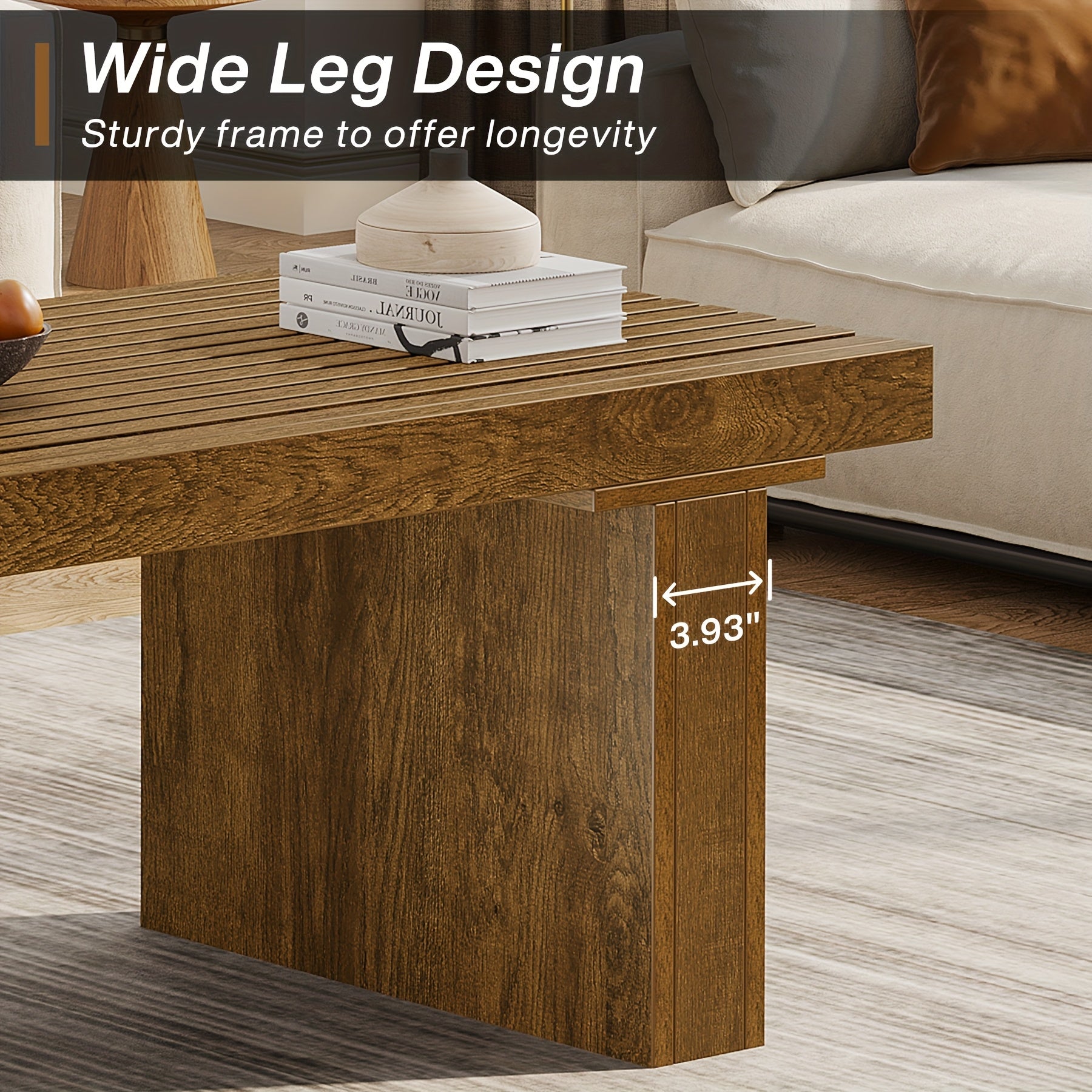 Table à café rectangulaire : Table à café moderne en bois de 47.24 pouces Table à cocktail pour salon, Table à café de ferme Table au centre Table à thé avec dessus de table en planches, Brun rustique