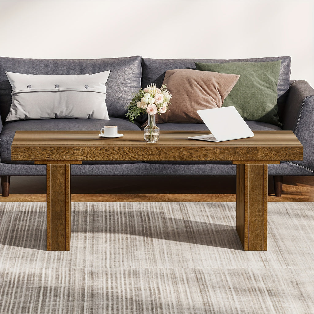 Table à café rectangulaire : Table à café moderne en bois de 47.24 pouces Table à cocktail pour salon, Table à café de ferme Table au centre Table à thé avec dessus de table en planches, Brun rustique