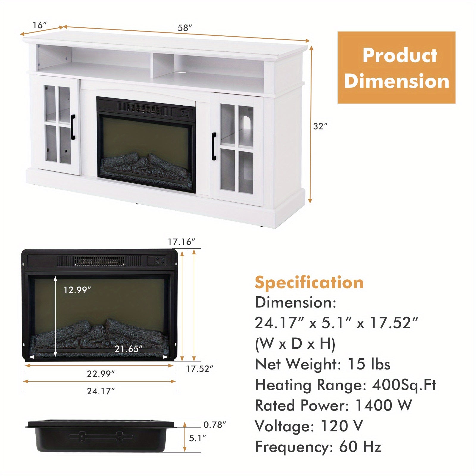 MULTIGOT Fireplace TV Stand for TVs Up to 65 Inches, 1400W Electric Fireplace Insert with Remote Control, 6H Timer, 3-Level Flame Brightness, Overheat Protection, Media Entertainment Center with Adjustable Shelves