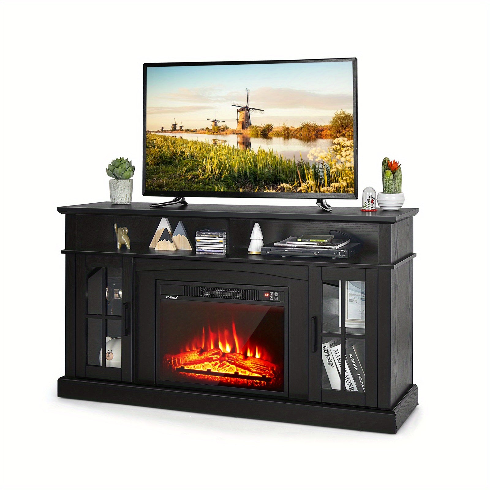 MULTIGOT Fireplace TV Stand for TVs Up to 65 Inches, 1400W Electric Fireplace Insert with Remote Control, 6H Timer, 3-Level Flame Brightness, Overheat Protection, Media Entertainment Center with Adjustable Shelves