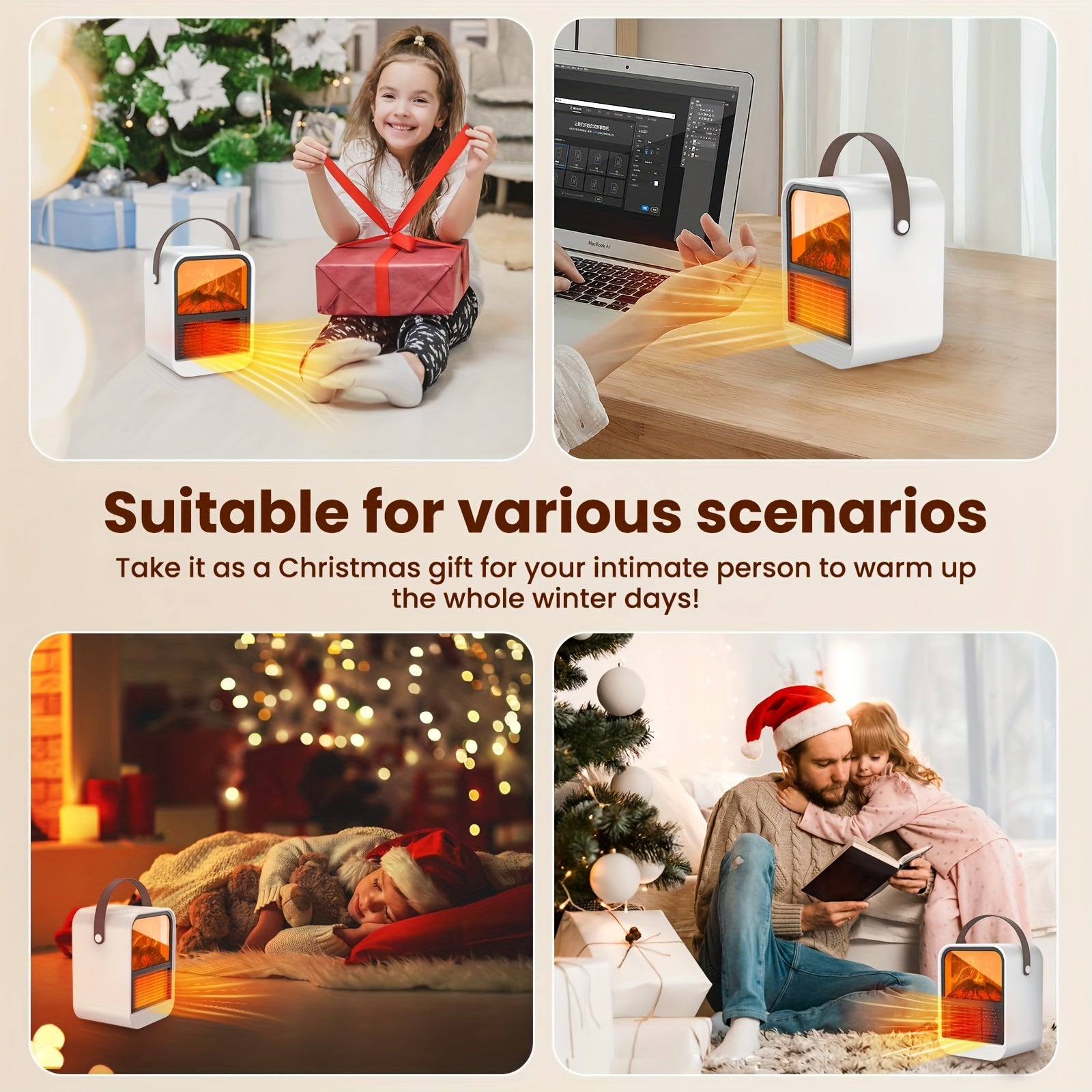 Electric Fireplace Heater with Overheat Protection, 3D Flame Effect, Fast PTC Heating, Dual Mode 650W\u002F1000W, Square Plastic Portable Desktop Heater with US Plug, 110V for Bedroom Bathroom Office