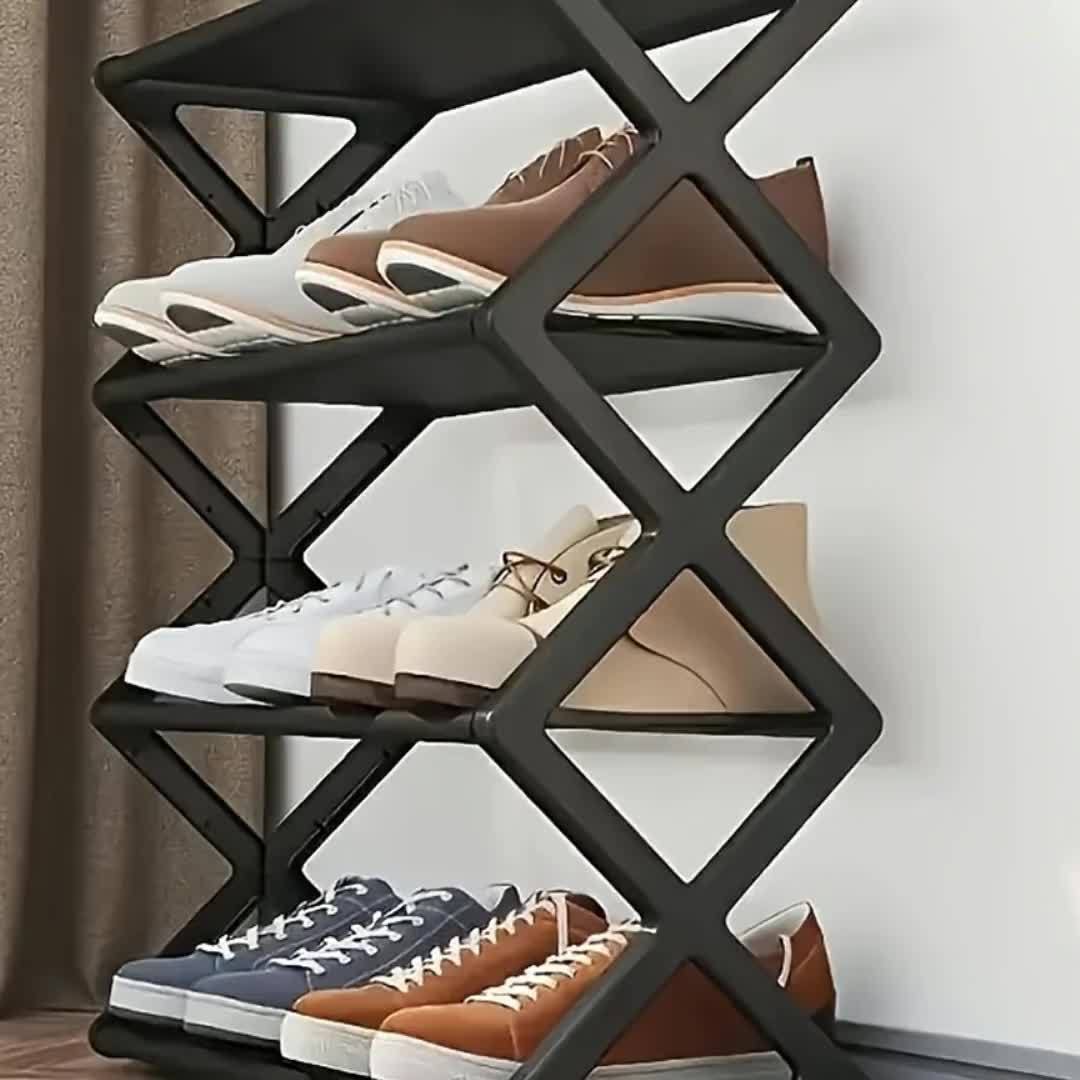 Stackable and Foldable Plastic Shoe Rack with 3 Layers - Space-saving Storage Box for Entrances, Corridors, Bedrooms and Dormitories, Black X Design, No Assembly Required