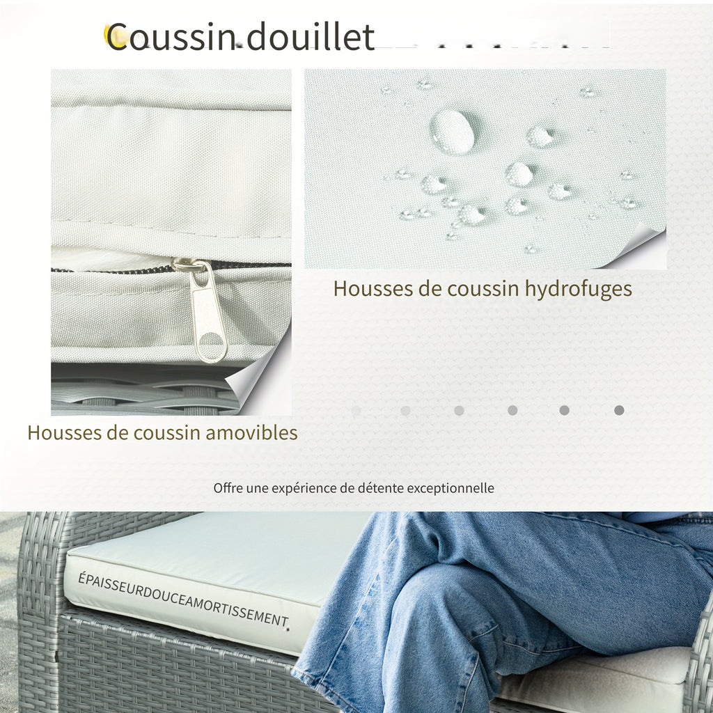 Ensemble de 6 pièces de Mobilier de Patio, Canapé Extérieur en Osier, Fauteuil Inclinable à Angle Ajustable, Ensemble de Conversation, Poufs, avec Table Basse en Polyester, Ressort à Gaz & Coussins Doux Lavables, Gris