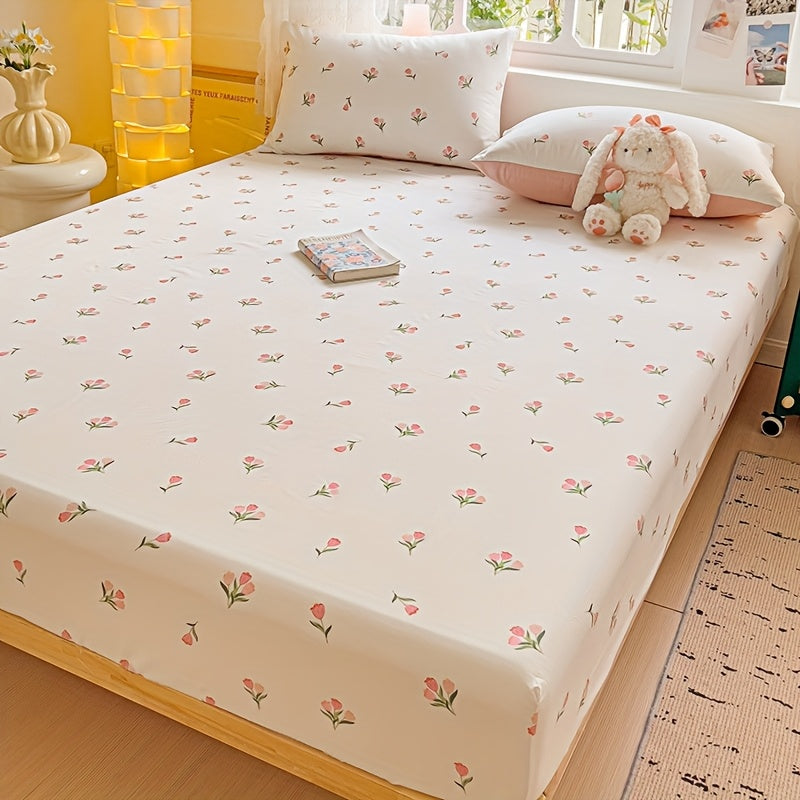 1pc Floral Print Fitted Sheet, Mattress Protector Cover, Soft Comfort Bedding for Bedroom, Light Beige-Friendly Fitted Sheet, Suitable for All Seasons and Non-Slip Bedspread, Single\u002FDouble\u002FKing Size, Machine Washable, Pillowcase Not Included