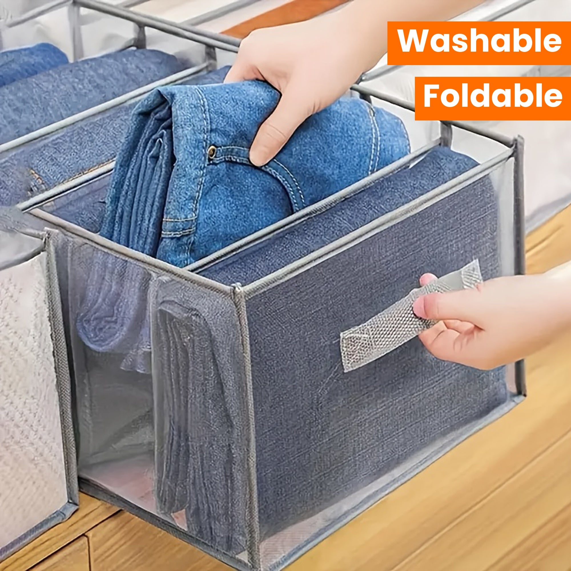 1pc Foldable Closet Organizer with 7-Grid Drawer, Washable Wardrobe Clothes Storage for Jeans and T-Shirts, Non-Textile Material, Grey with Handle