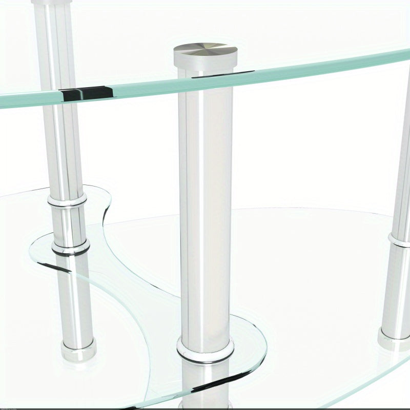 Table basse en verre ovale transparente, table moderne avec pied en acier inoxydable, table à thé, table en verre à 3 couches pour salon, sans batterie