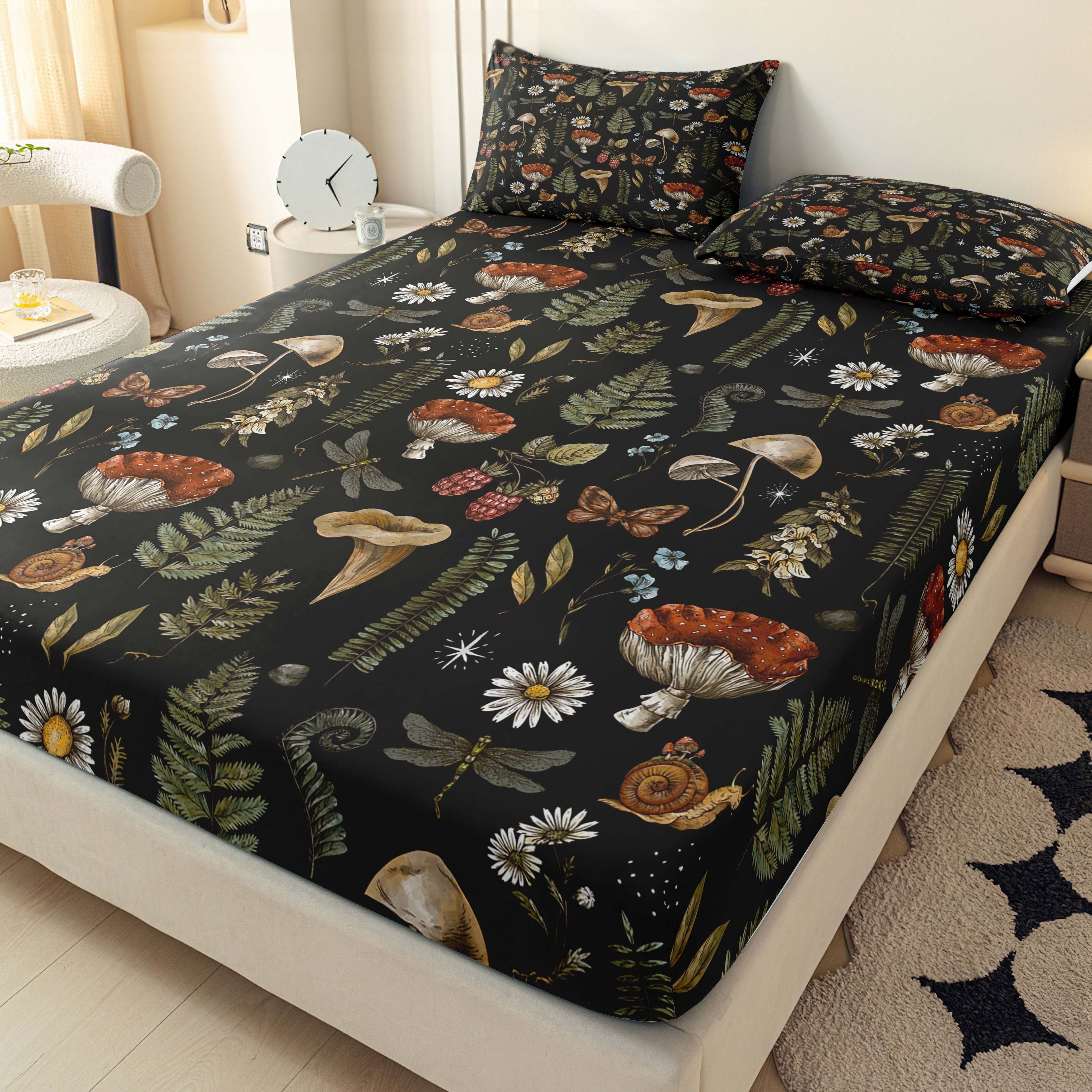 Botanical Mushroom Forest Pattern Digital Print Polyester Sheet Set - Breathable All-Season 3 Pieces Fitted Sheet and Pillowcase Set, Soft Comfort Bedroom Decor, Ideal Gift for Family and Friends