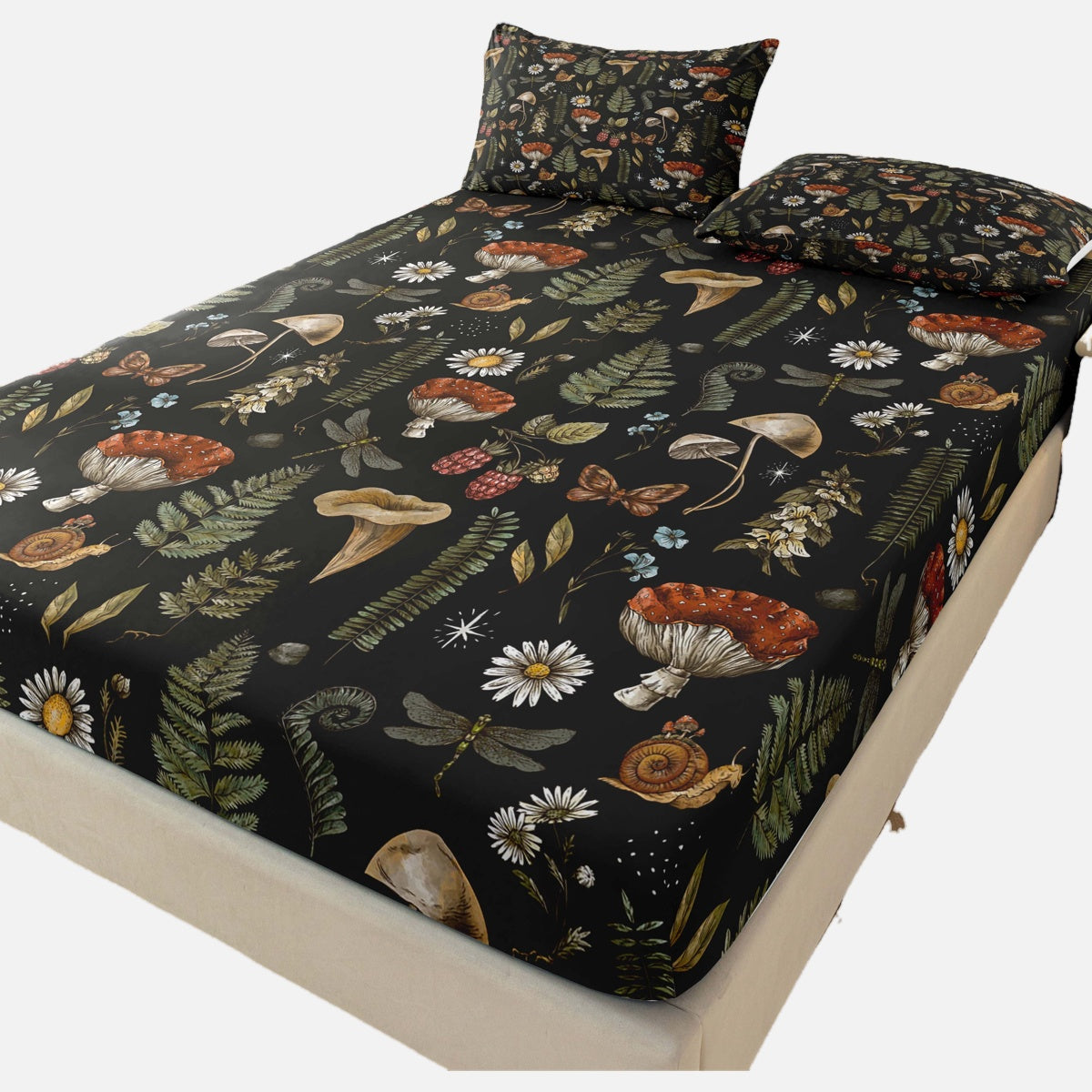 Botanical Mushroom Forest Pattern Digital Print Polyester Sheet Set - Breathable All-Season 3 Pieces Fitted Sheet and Pillowcase Set, Soft Comfort Bedroom Decor, Ideal Gift for Family and Friends
