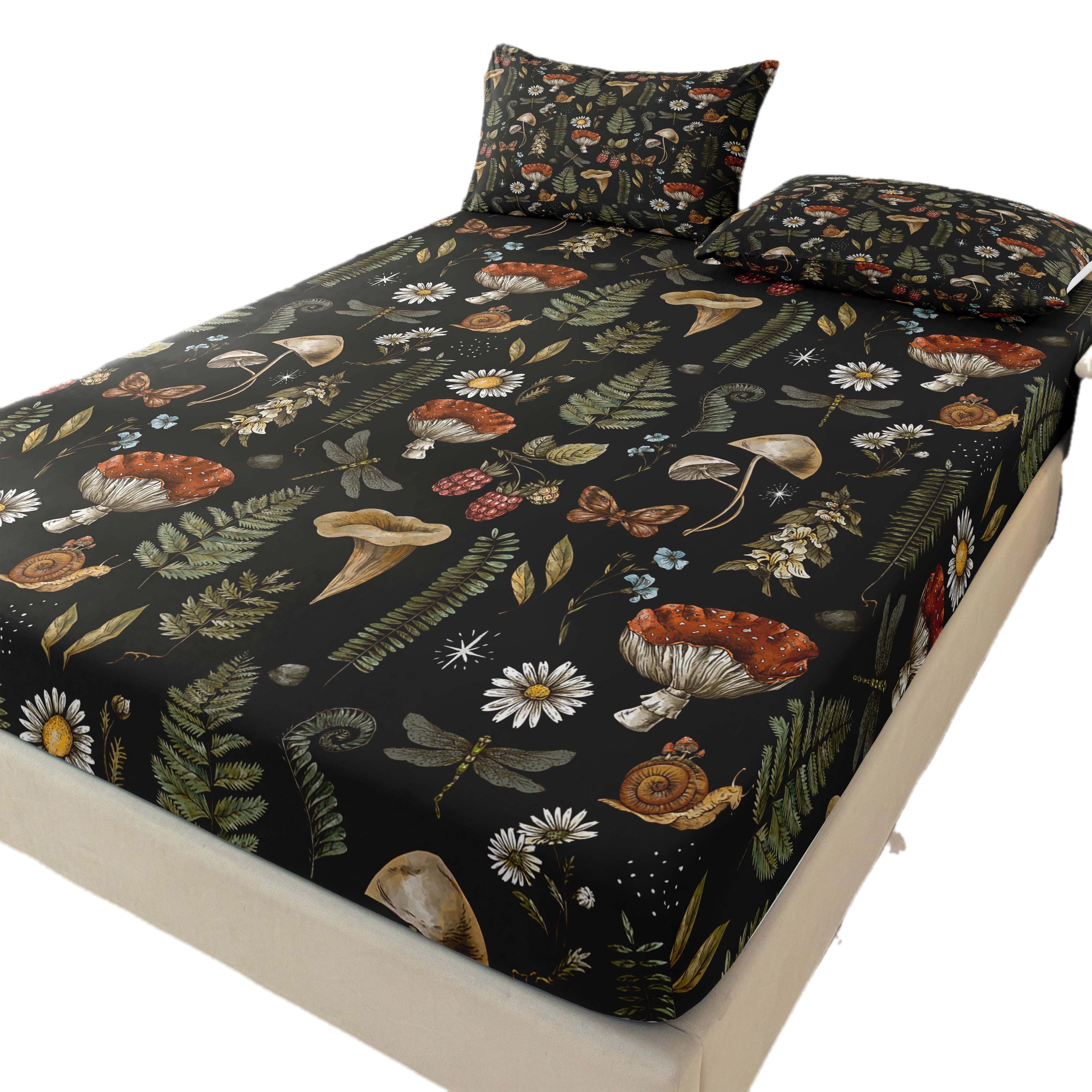 Botanical Mushroom Forest Pattern Digital Print Polyester Sheet Set - Breathable All-Season 3 Pieces Fitted Sheet and Pillowcase Set, Soft Comfort Bedroom Decor, Ideal Gift for Family and Friends