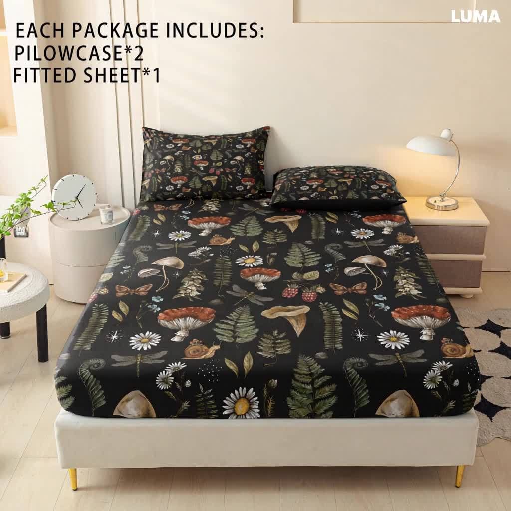Botanical Mushroom Forest Pattern Digital Print Polyester Sheet Set - Breathable All-Season 3 Pieces Fitted Sheet and Pillowcase Set, Soft Comfort Bedroom Decor, Ideal Gift for Family and Friends