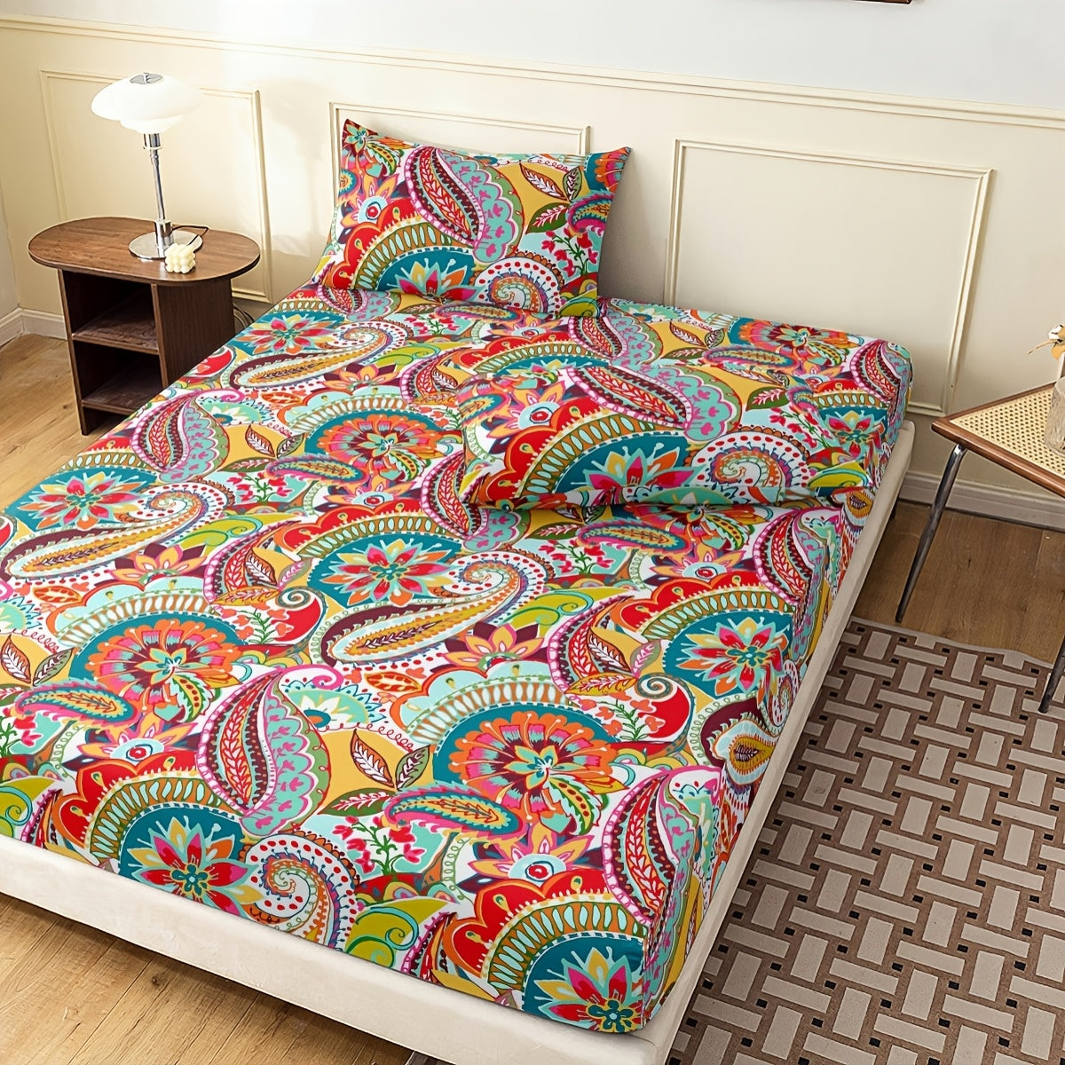 3pcs Bohemian Fitted Sheet Set, Classic Fashion Mattress Protector Cover, Soft Comfort Deep Pocket Breathable Bedding Set for Bedroom Guest Room Decor with 1 Fitted Sheet + 2 Pillowcases, No Core