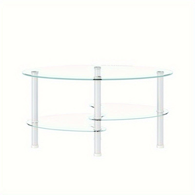 Table basse en verre ovale transparente, table moderne avec pied en acier inoxydable, table à thé, table en verre à 3 couches pour salon, sans batterie