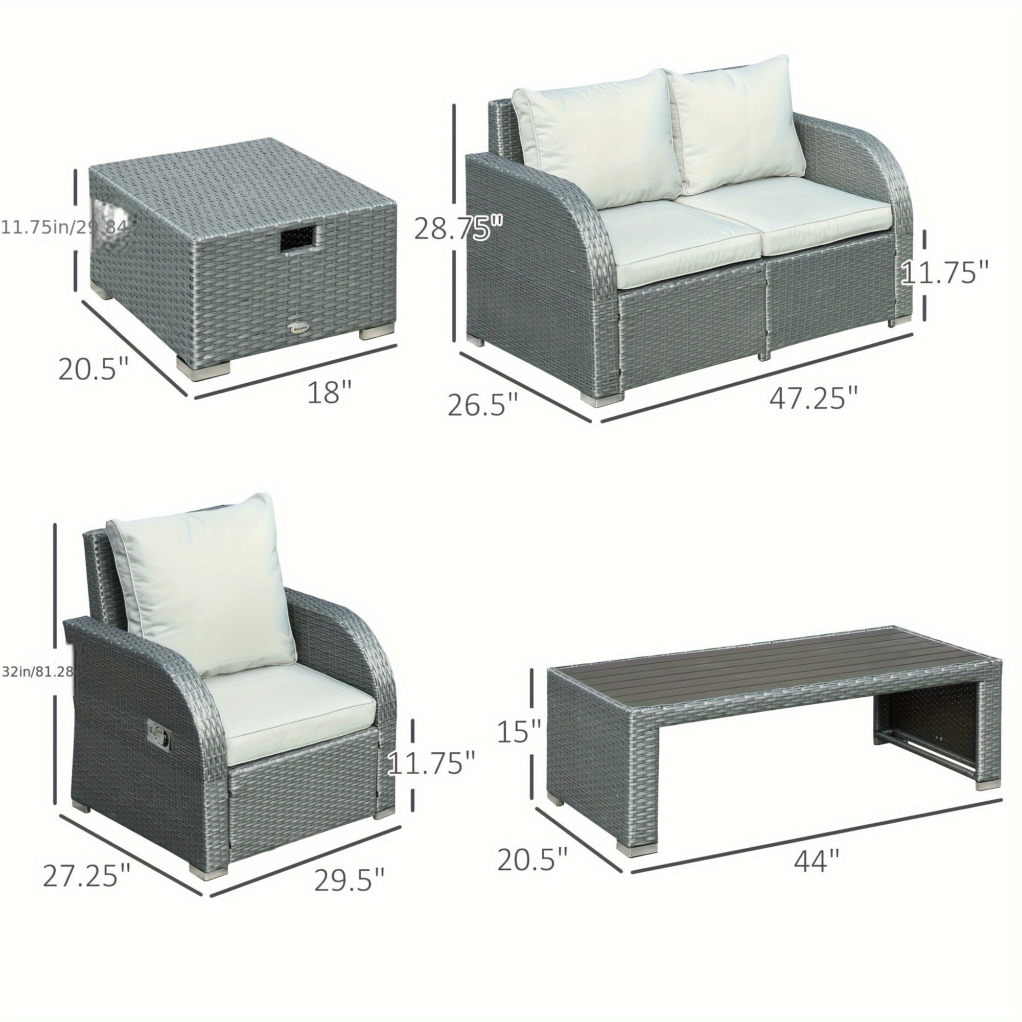 Ensemble de 6 pièces de Mobilier de Patio, Canapé Extérieur en Osier, Fauteuil Inclinable à Angle Ajustable, Ensemble de Conversation, Poufs, avec Table Basse en Polyester, Ressort à Gaz & Coussins Doux Lavables, Gris