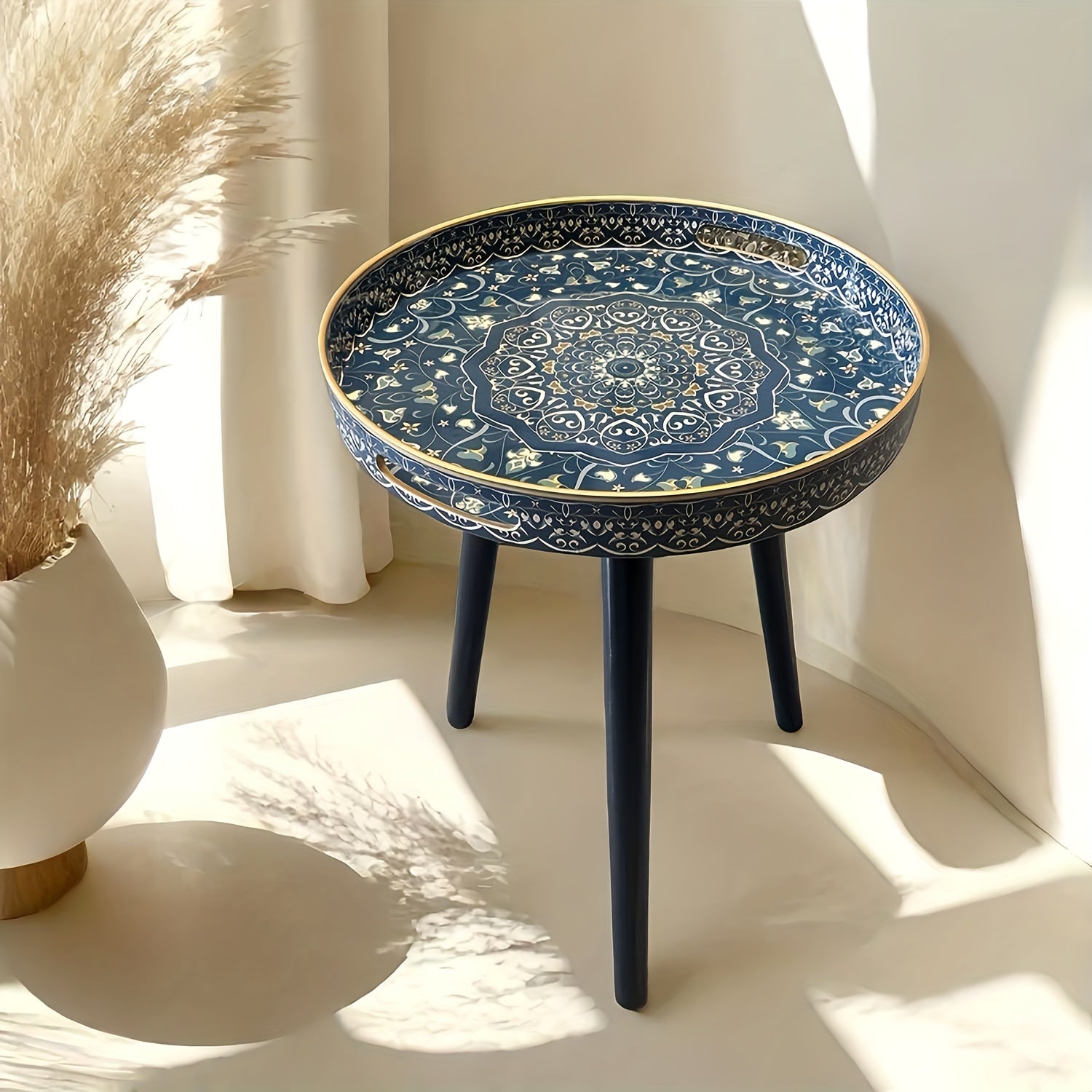 Table Basse Ronde Mandala Bleue Vintage avec Pieds en Bois Détachables – Table Basse Portable de 17.7 Pouces pour Intérieur & Extérieur, Design de Plateau Élégant pour Détente, Heure du Thé ou Accents Décoratifs, Table Basse pour Salon