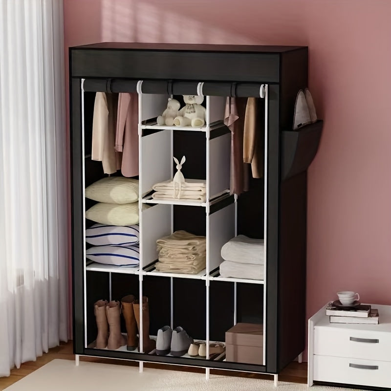 130 Portable Wardrobe with Non-Woven Fabric Cover, 6 Storage Shelves, 1 Hanging Section and 4 Side Pockets, Installable Closet System