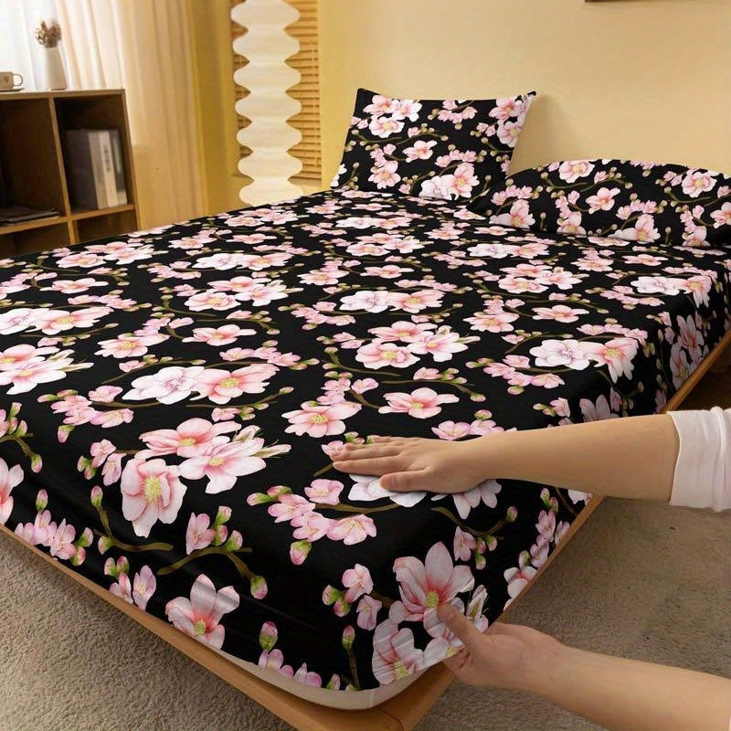 Soft Brushed Fitted Sheet with Modern Floral Peach Blossom Design - Deep Pocket, Machine Washable, Perfect for Bedroom and Guest Room (Pillowcase Not Included)