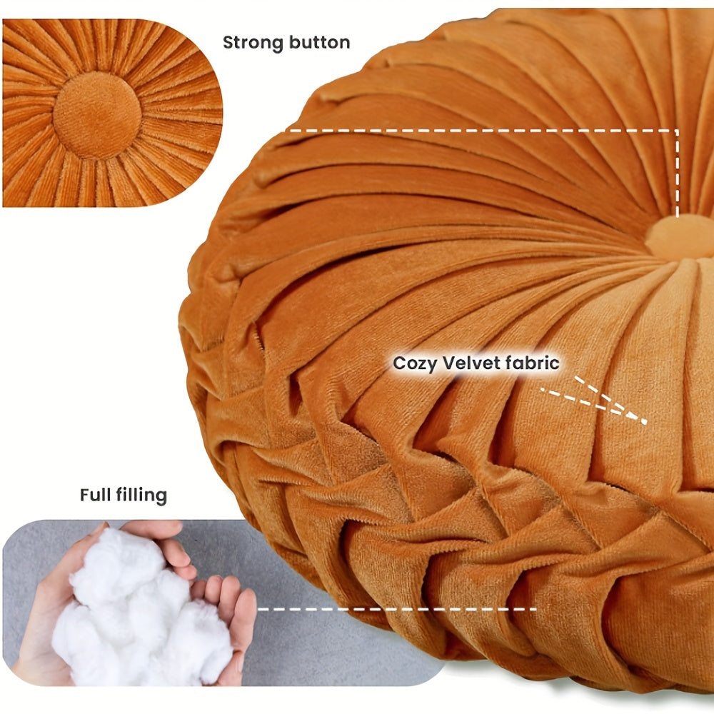 2 coussins décoratifs ronds plissés, coussins décoratifs citrouille élégants avec bouton central, coussins de sol en velours vintage pour canapé, lit, chaise de coiffeuse