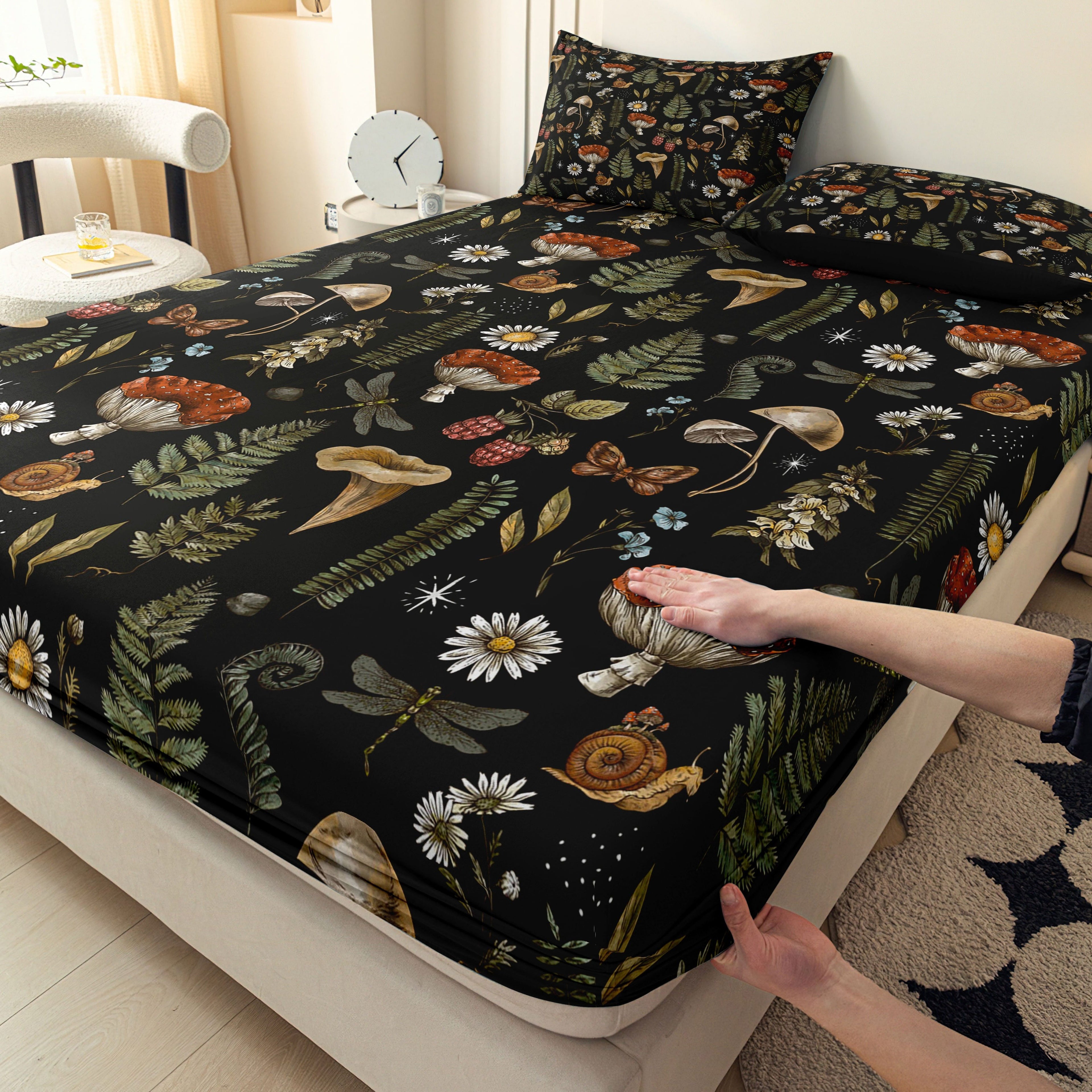 Botanical Mushroom Forest Pattern Digital Print Polyester Sheet Set - Breathable All-Season 3 Pieces Fitted Sheet and Pillowcase Set, Soft Comfort Bedroom Decor, Ideal Gift for Family and Friends