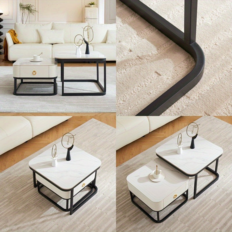 Table Basse en Marbre Moderne Ensemble de 2 Tables d'Accueil pour Salon Tables d'Accueil Empilables pour Salon Chambre à Coucher Table d'Accent pour Thé avec Cadre Métallique Robuste et Montage Facile Noir