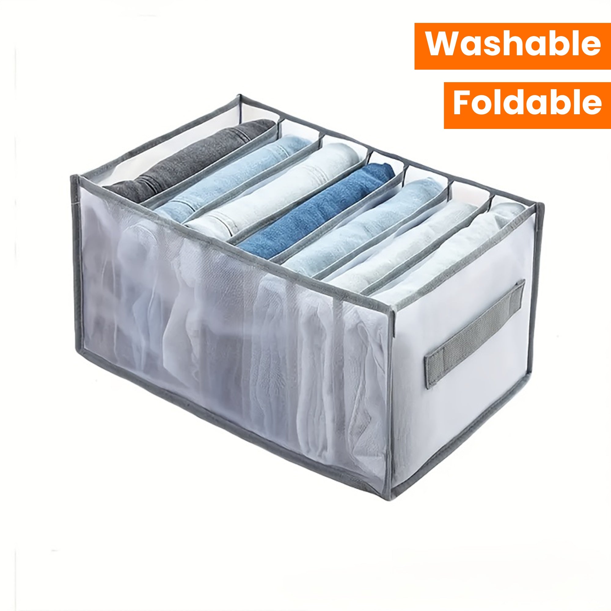 1pc Foldable Closet Organizer with 7-Grid Drawer, Washable Wardrobe Clothes Storage for Jeans and T-Shirts, Non-Textile Material, Grey with Handle