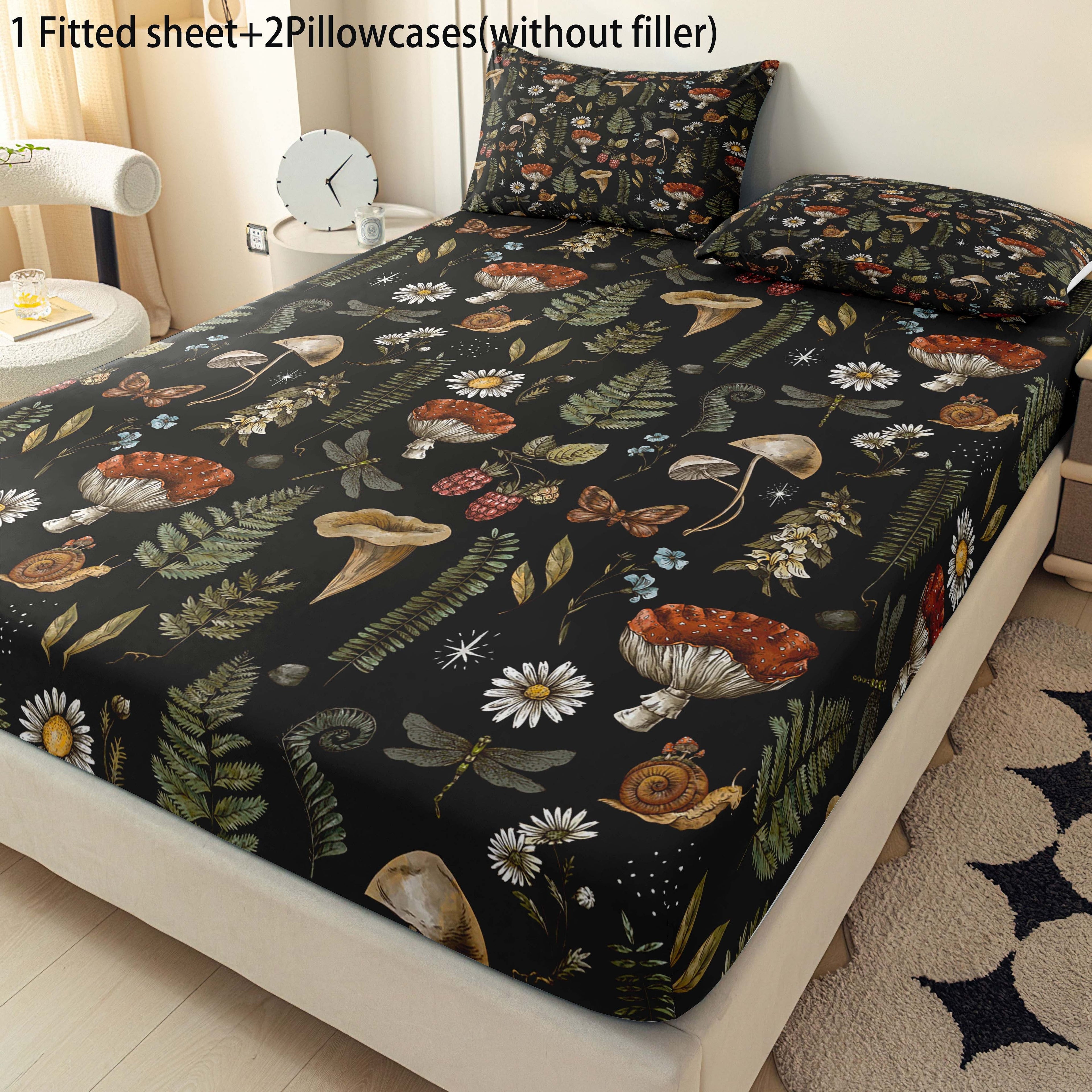 Botanical Mushroom Forest Pattern Digital Print Polyester Sheet Set - Breathable All-Season 3 Pieces Fitted Sheet and Pillowcase Set, Soft Comfort Bedroom Decor, Ideal Gift for Family and Friends
