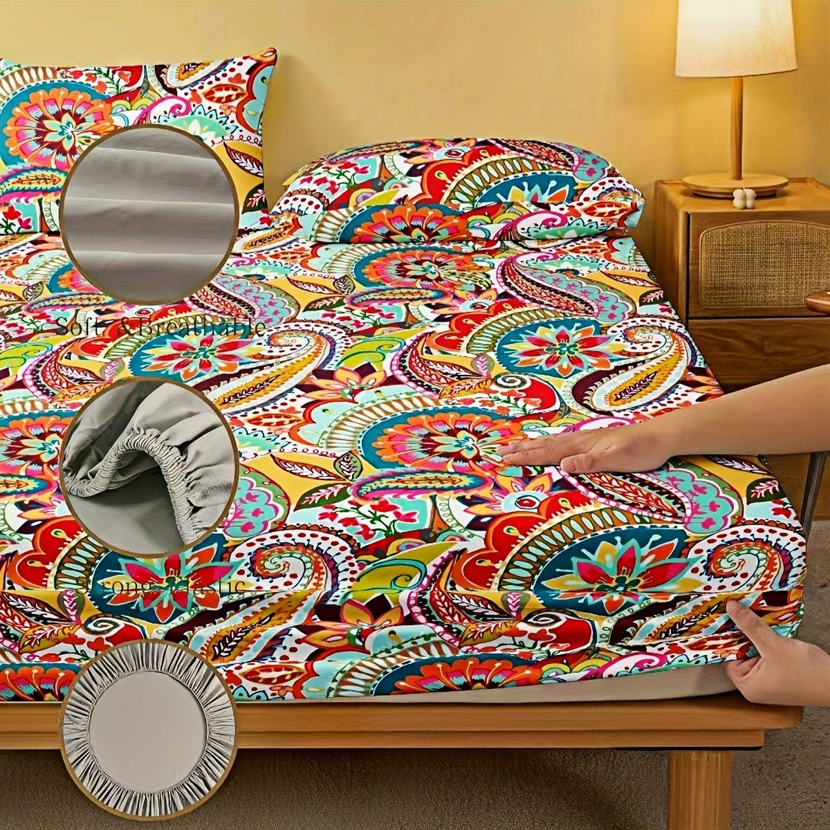 3pcs Bohemian Fitted Sheet Set, Classic Fashion Mattress Protector Cover, Soft Comfort Deep Pocket Breathable Bedding Set for Bedroom Guest Room Decor with 1 Fitted Sheet + 2 Pillowcases, No Core