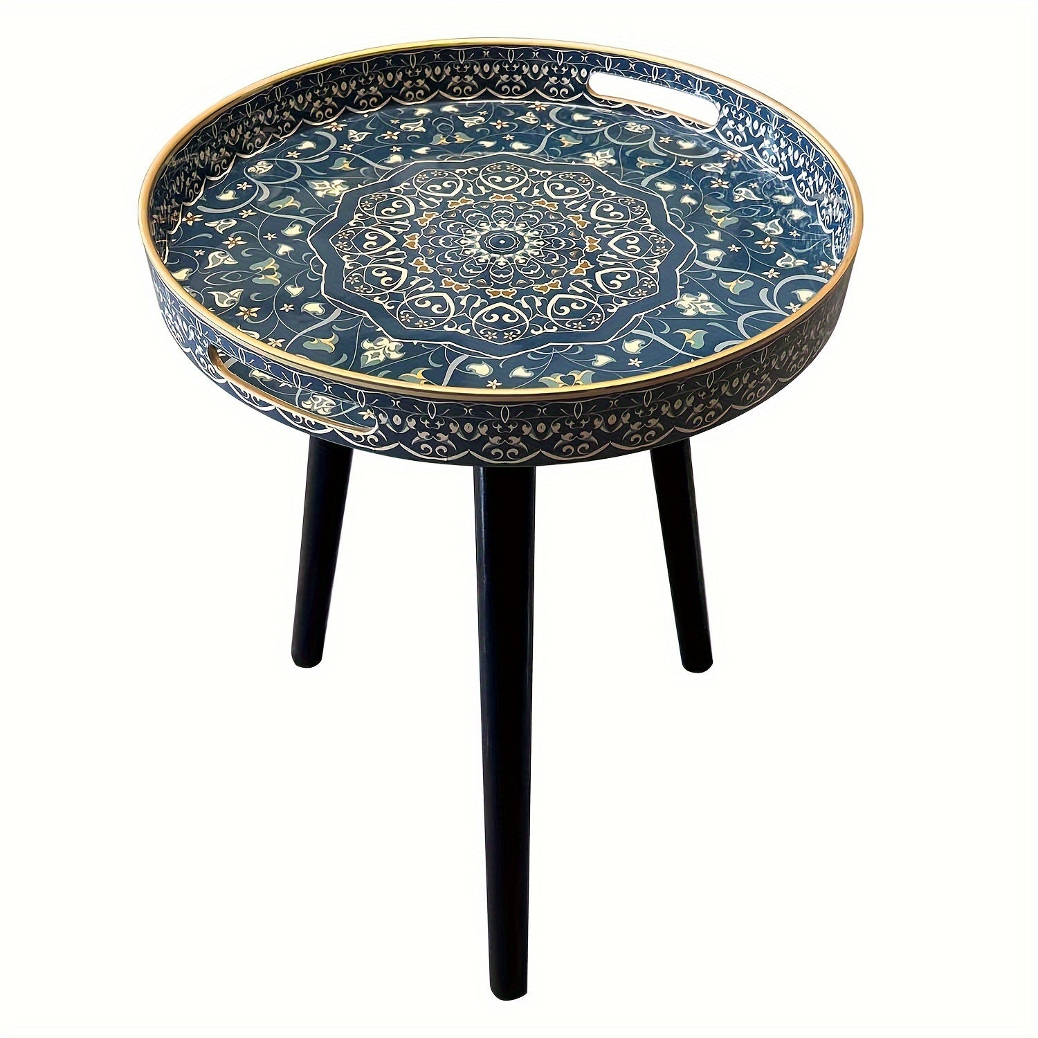 Table Basse Ronde Mandala Bleue Vintage avec Pieds en Bois Détachables – Table Basse Portable de 17.7 Pouces pour Intérieur & Extérieur, Design de Plateau Élégant pour Détente, Heure du Thé ou Accents Décoratifs, Table Basse pour Salon