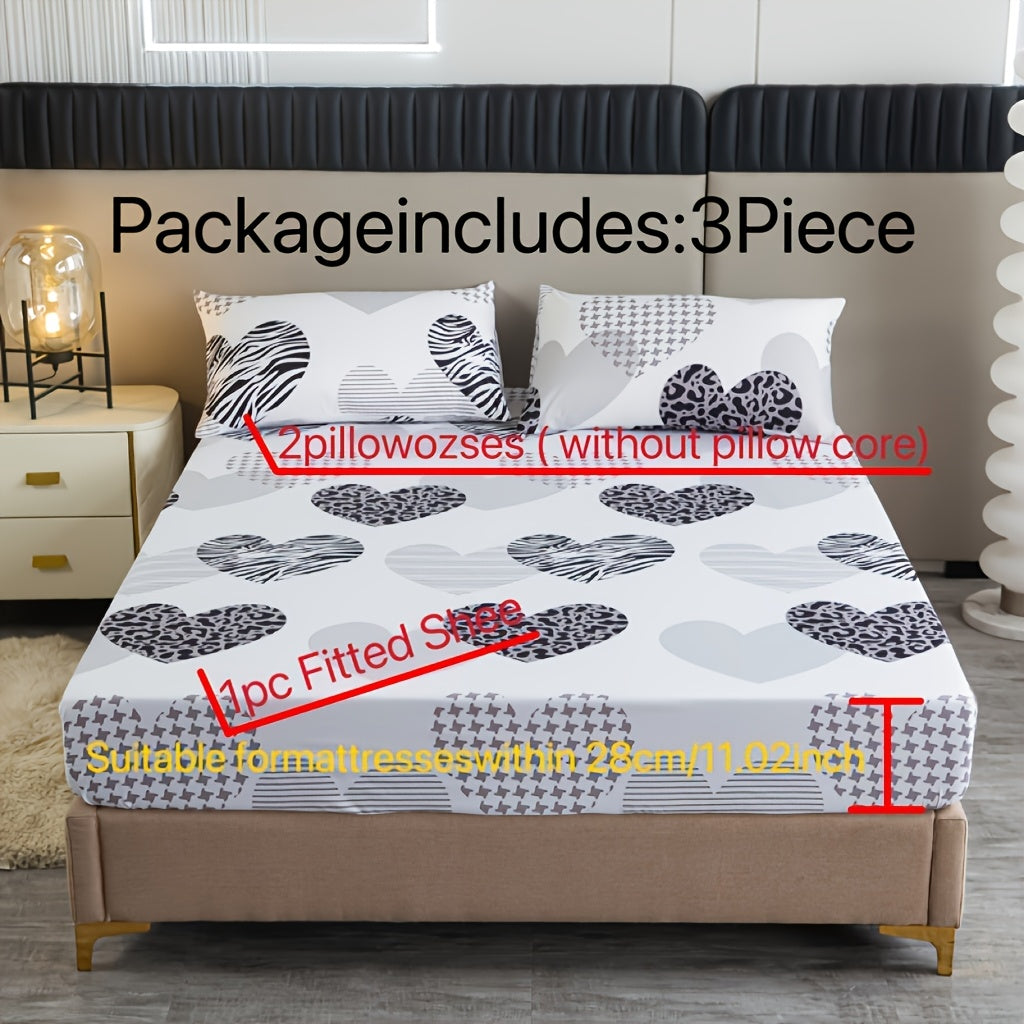 3pcs Love Heart Pattern Bedding Set - Soft, Fitted Sheet & Pillowcases for Bedroom and Guest Room - Machine Washable