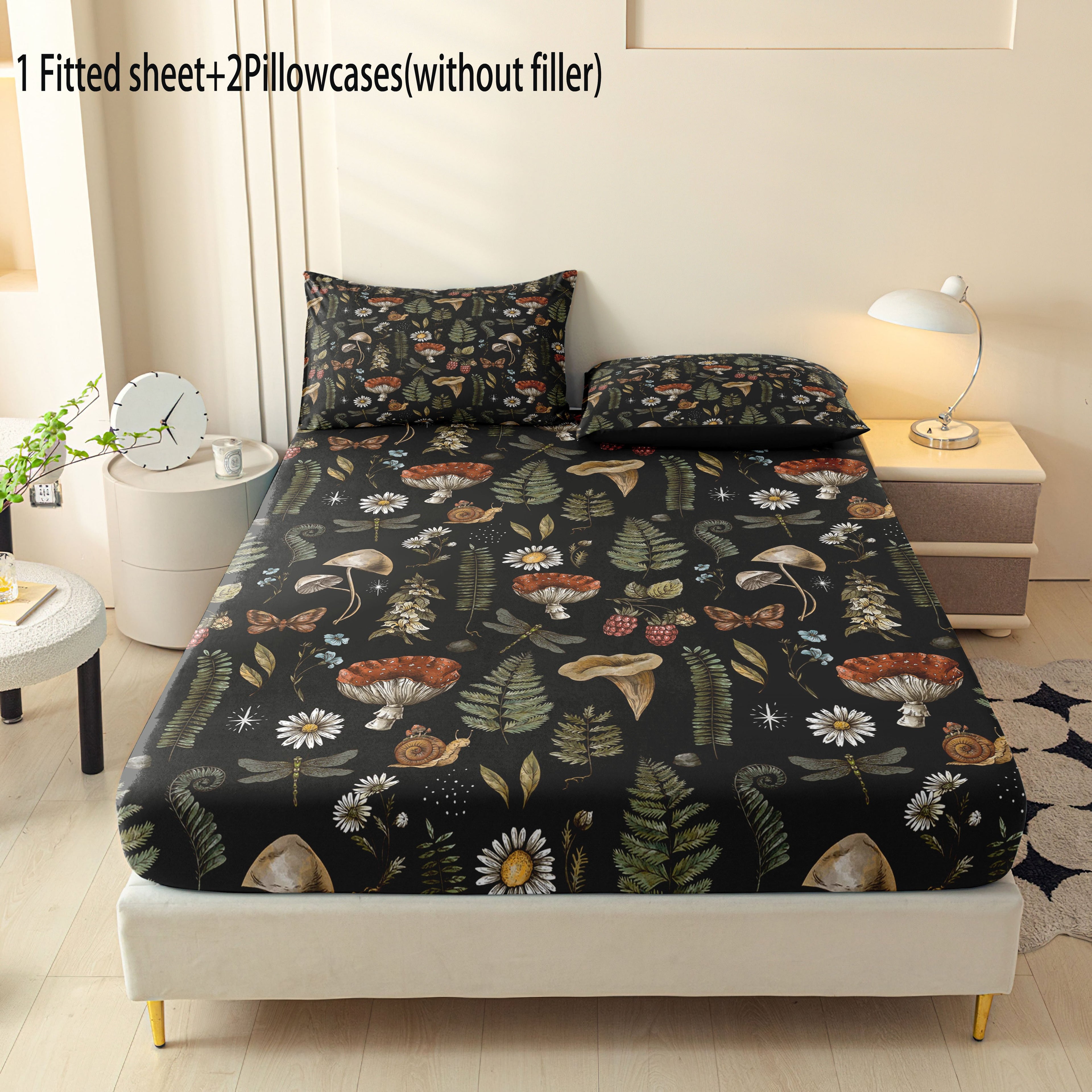 Botanical Mushroom Forest Pattern Digital Print Polyester Sheet Set - Breathable All-Season 3 Pieces Fitted Sheet and Pillowcase Set, Soft Comfort Bedroom Decor, Ideal Gift for Family and Friends