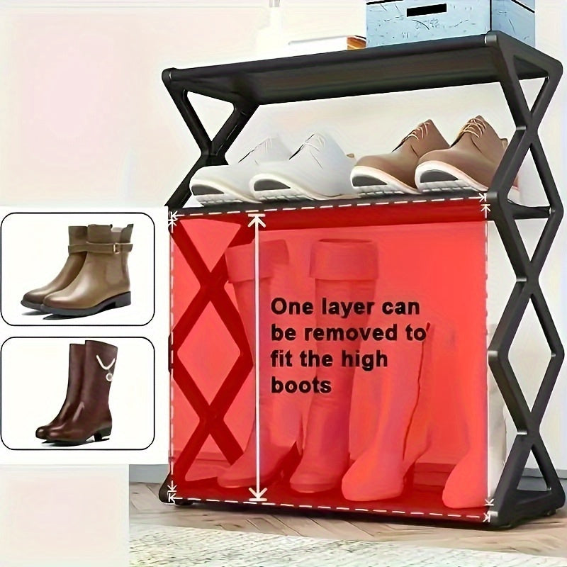 Stackable and Foldable Plastic Shoe Rack with 3 Layers - Space-saving Storage Box for Entrances, Corridors, Bedrooms and Dormitories, Black X Design, No Assembly Required