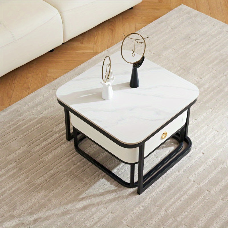 Table Basse en Marbre Moderne Ensemble de 2 Tables d'Accueil pour Salon Tables d'Accueil Empilables pour Salon Chambre à Coucher Table d'Accent pour Thé avec Cadre Métallique Robuste et Montage Facile Noir
