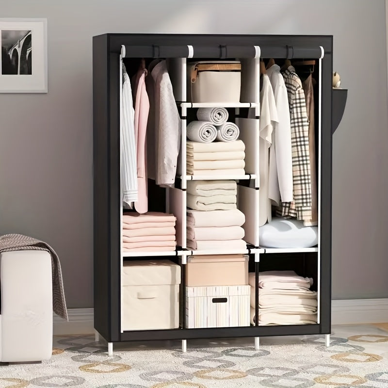 130 Portable Wardrobe with Non-Woven Fabric Cover, 6 Storage Shelves, 1 Hanging Section and 4 Side Pockets, Installable Closet System
