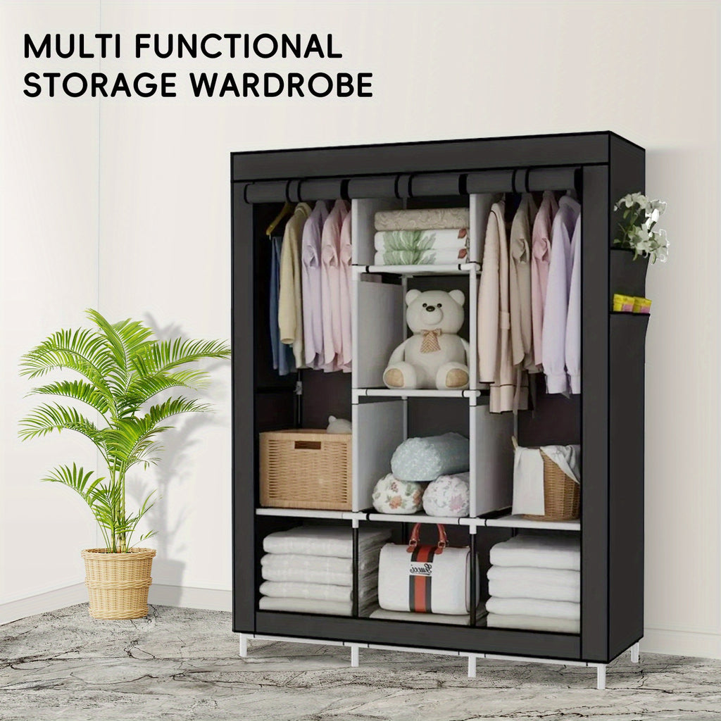 Large Capacity Clothes Storage Wardrobe - Easy Assembly, Dustproof With Rolling Curtain, Portable Design For Home & Dorms, Portable Closets
