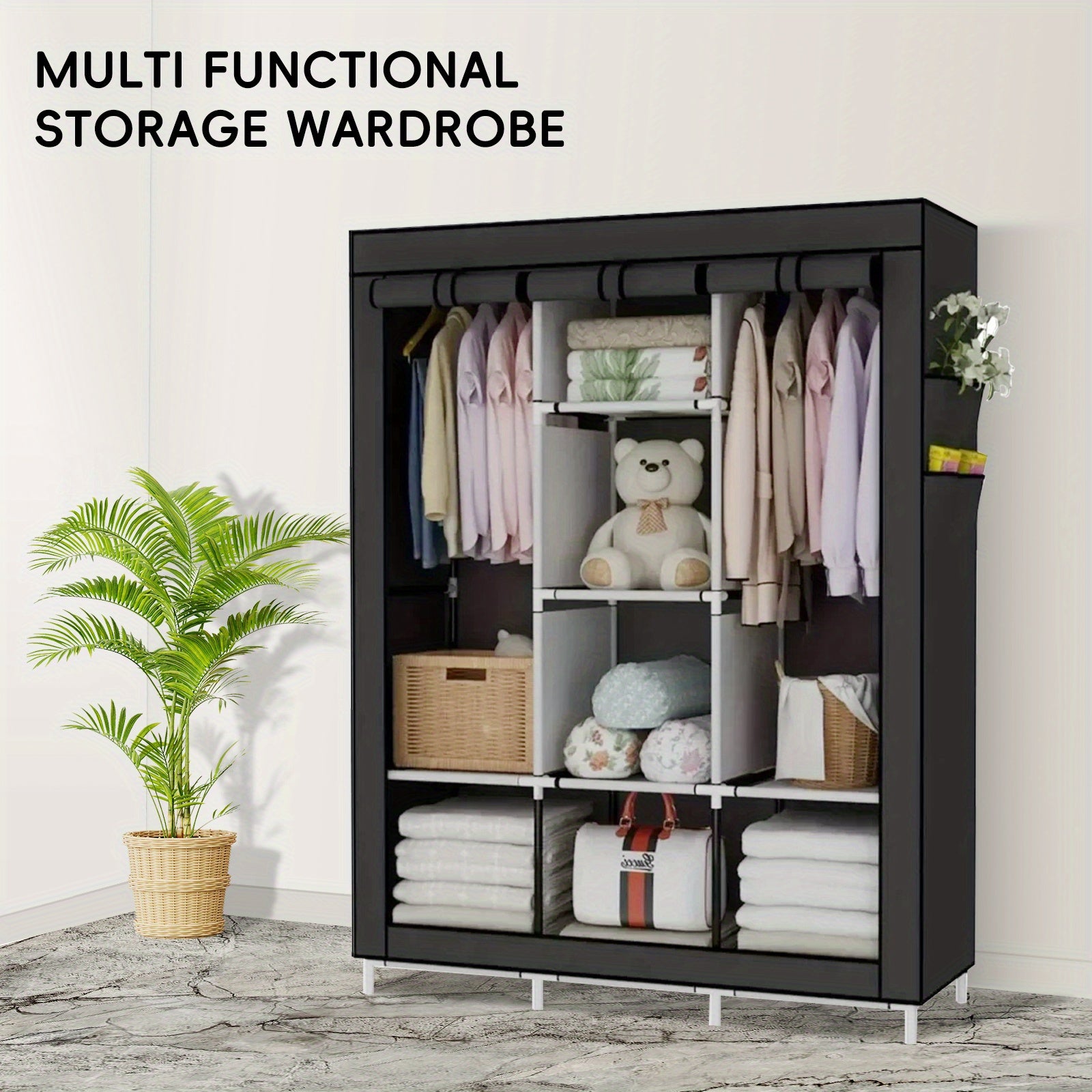 Large Capacity Clothes Storage Wardrobe - Easy Assembly, Dustproof With Rolling Curtain, Portable Design For Home & Dorms, Portable Closets