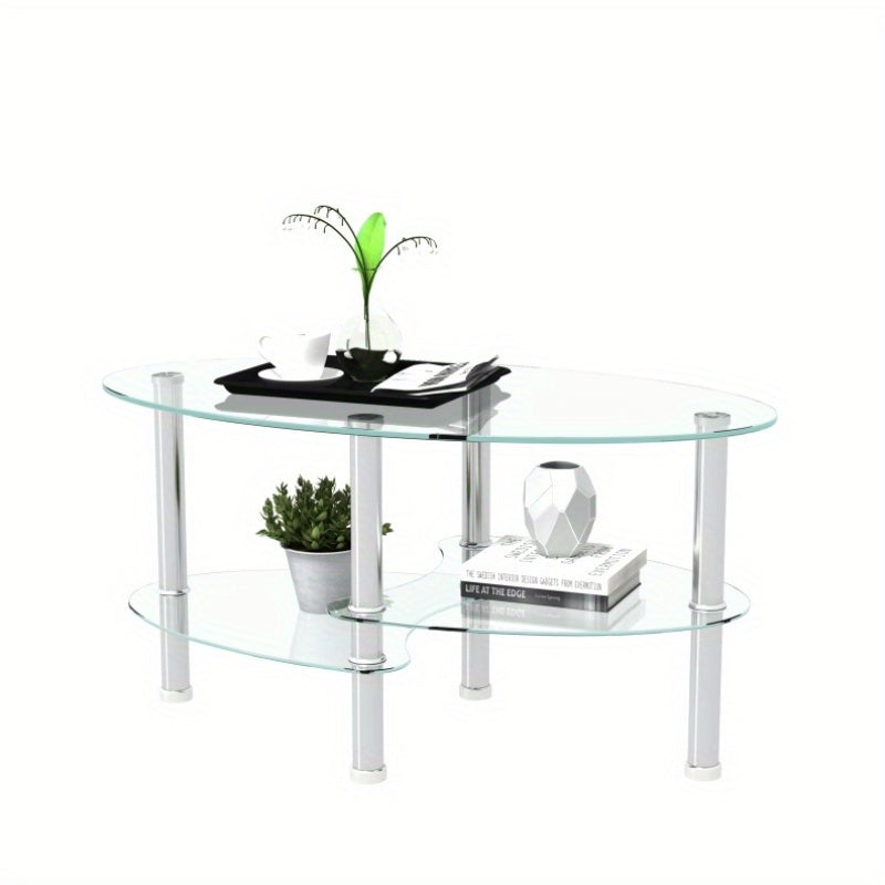 Table basse en verre ovale transparente, table moderne avec pied en acier inoxydable, table à thé, table en verre à 3 couches pour salon, sans batterie