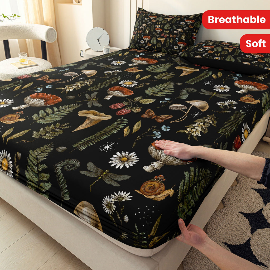 Botanical Mushroom Forest Pattern Digital Print Polyester Sheet Set - Breathable All-Season 3 Pieces Fitted Sheet and Pillowcase Set, Soft Comfort Bedroom Decor, Ideal Gift for Family and Friends