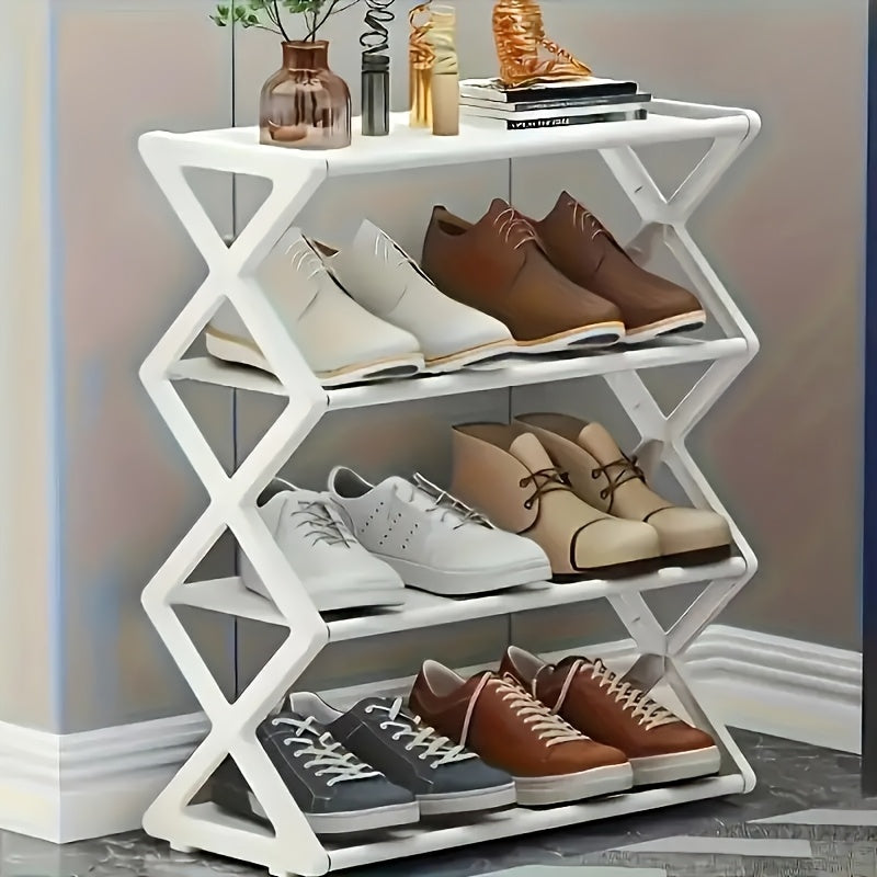 4-Tier X-Shaped Folding Shoe Rack - Space-Saving, Multi-Layer Storage Organizer for Dorms & Homes, Durable PP Material, White, Shoe Storage Organizer
