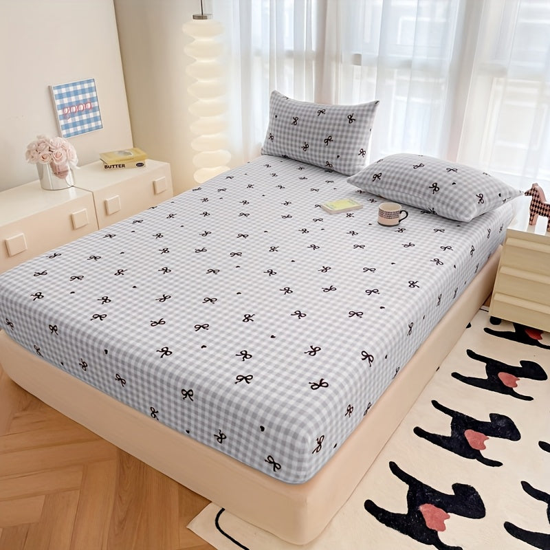 3pcs Cozy Checkered Bedding Set with Bow Prints - Soft Polyester, All-Season Comfort, Deep Pockets, Machine Washable - Ideal for Hotel, Bedroom, Guest Room Decor, Hotel Room Decor|Cozy Checkered Pattern|Soft Polyester Fabric, Hotel Room Decorations