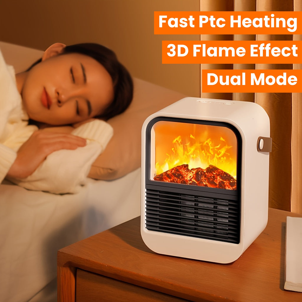 Electric Fireplace Heater with Overheat Protection, 3D Flame Effect, Fast PTC Heating, Dual Mode 650W\u002F1000W, Square Plastic Portable Desktop Heater with US Plug, 110V for Bedroom Bathroom Office
