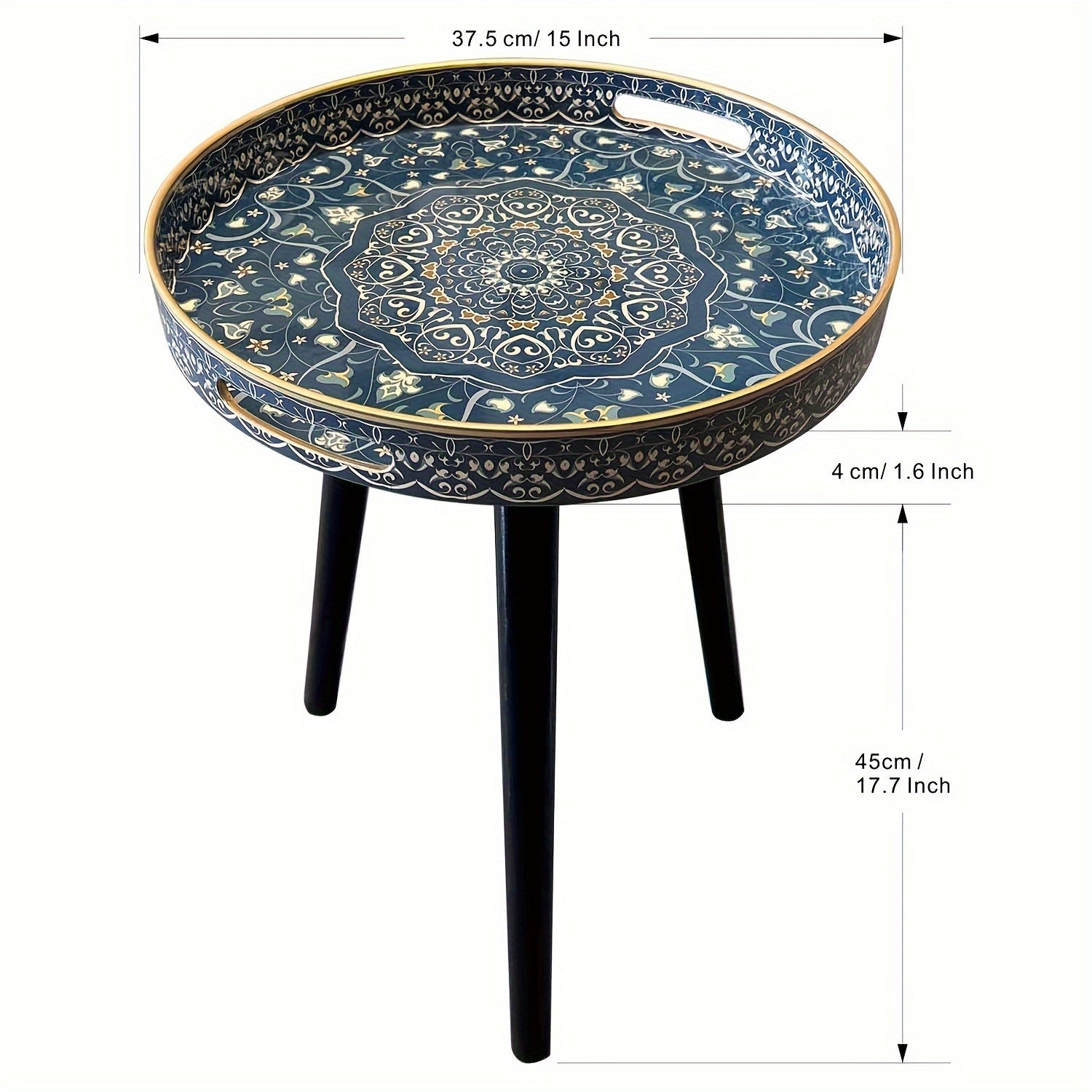 Table Basse Ronde Mandala Bleue Vintage avec Pieds en Bois Détachables – Table Basse Portable de 17.7 Pouces pour Intérieur & Extérieur, Design de Plateau Élégant pour Détente, Heure du Thé ou Accents Décoratifs, Table Basse pour Salon