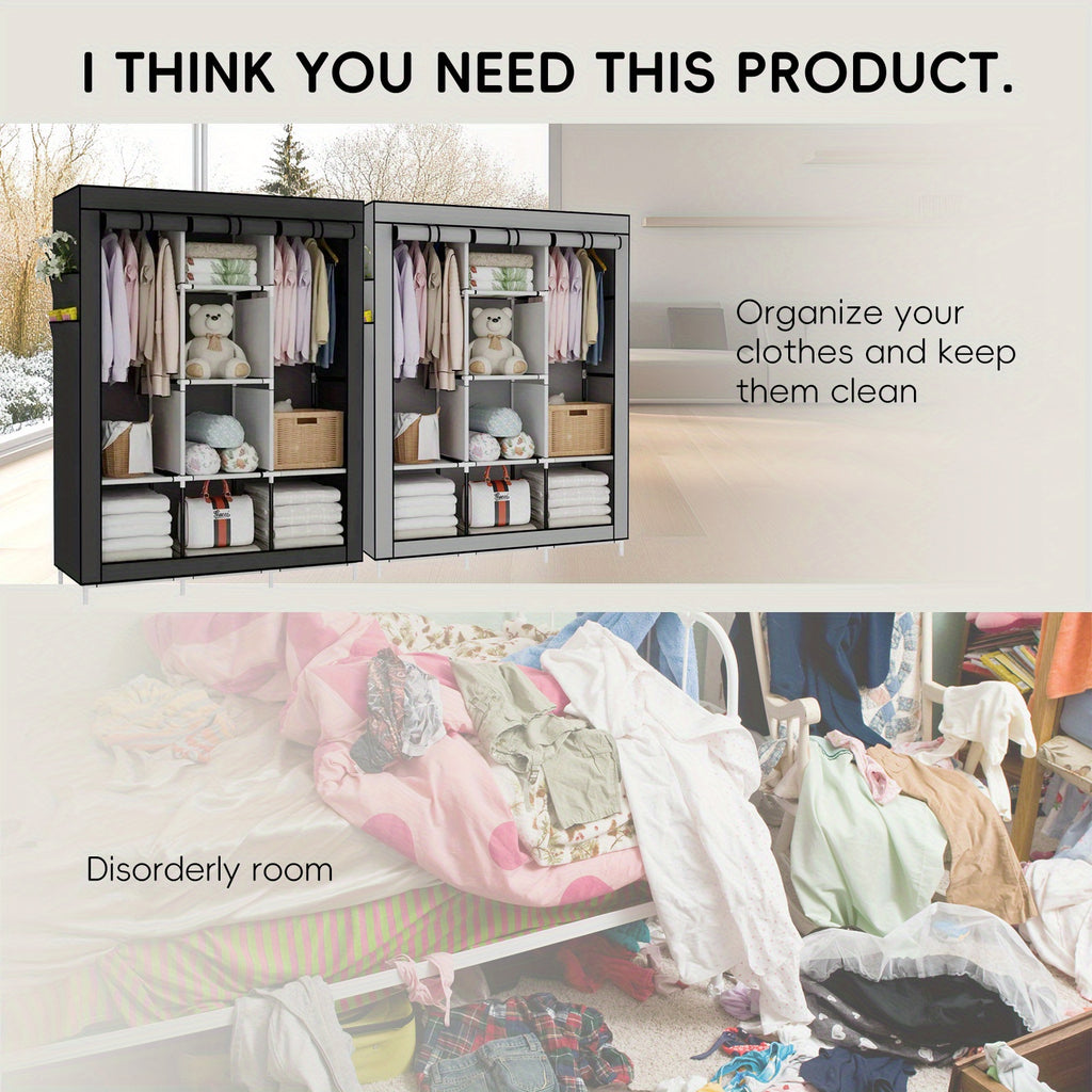 Large Capacity Clothes Storage Wardrobe - Easy Assembly, Dustproof With Rolling Curtain, Portable Design For Home & Dorms, Portable Closets