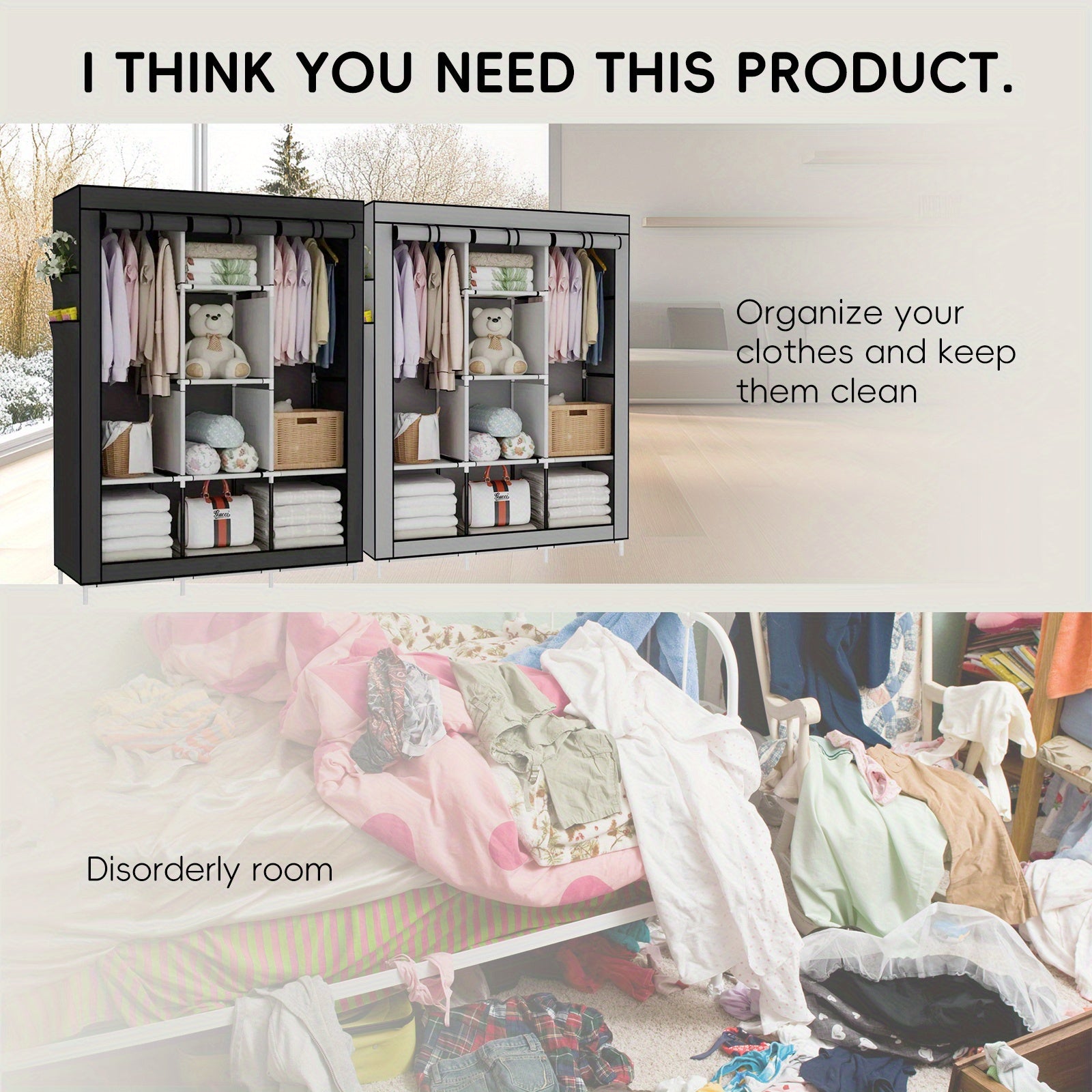 Large Capacity Clothes Storage Wardrobe - Easy Assembly, Dustproof With Rolling Curtain, Portable Design For Home & Dorms, Portable Closets