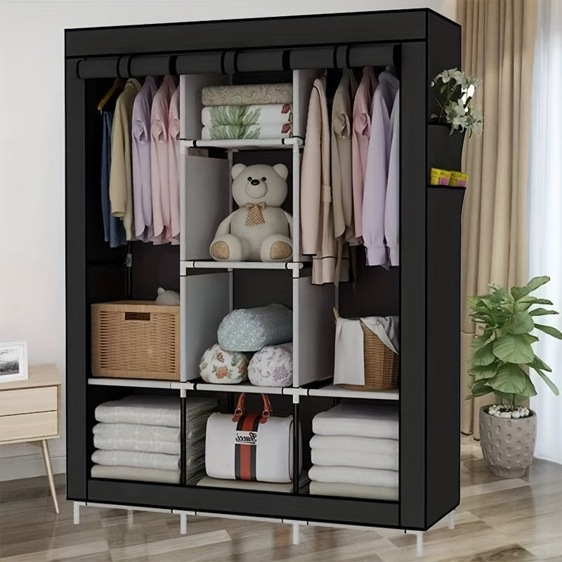 130 Portable Wardrobe with Non-Woven Fabric Cover, 6 Storage Shelves, 1 Hanging Section and 4 Side Pockets, Installable Closet System