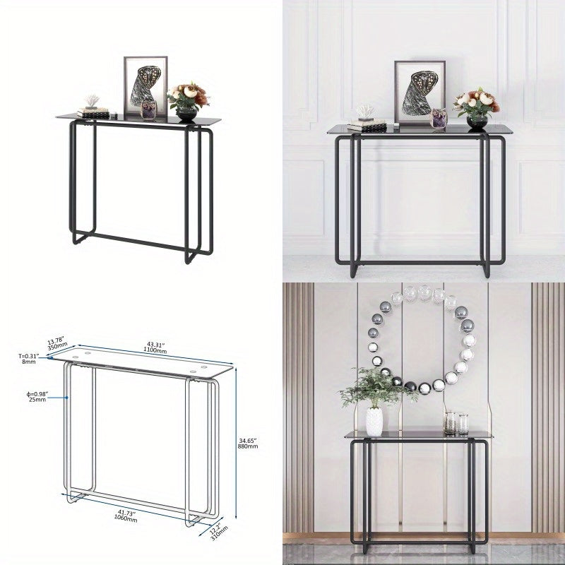 Table basse rectangulaire en verre trempé simple couche pour porche, pieds noirs, table basse en verre trempé double noir, sans batterie.