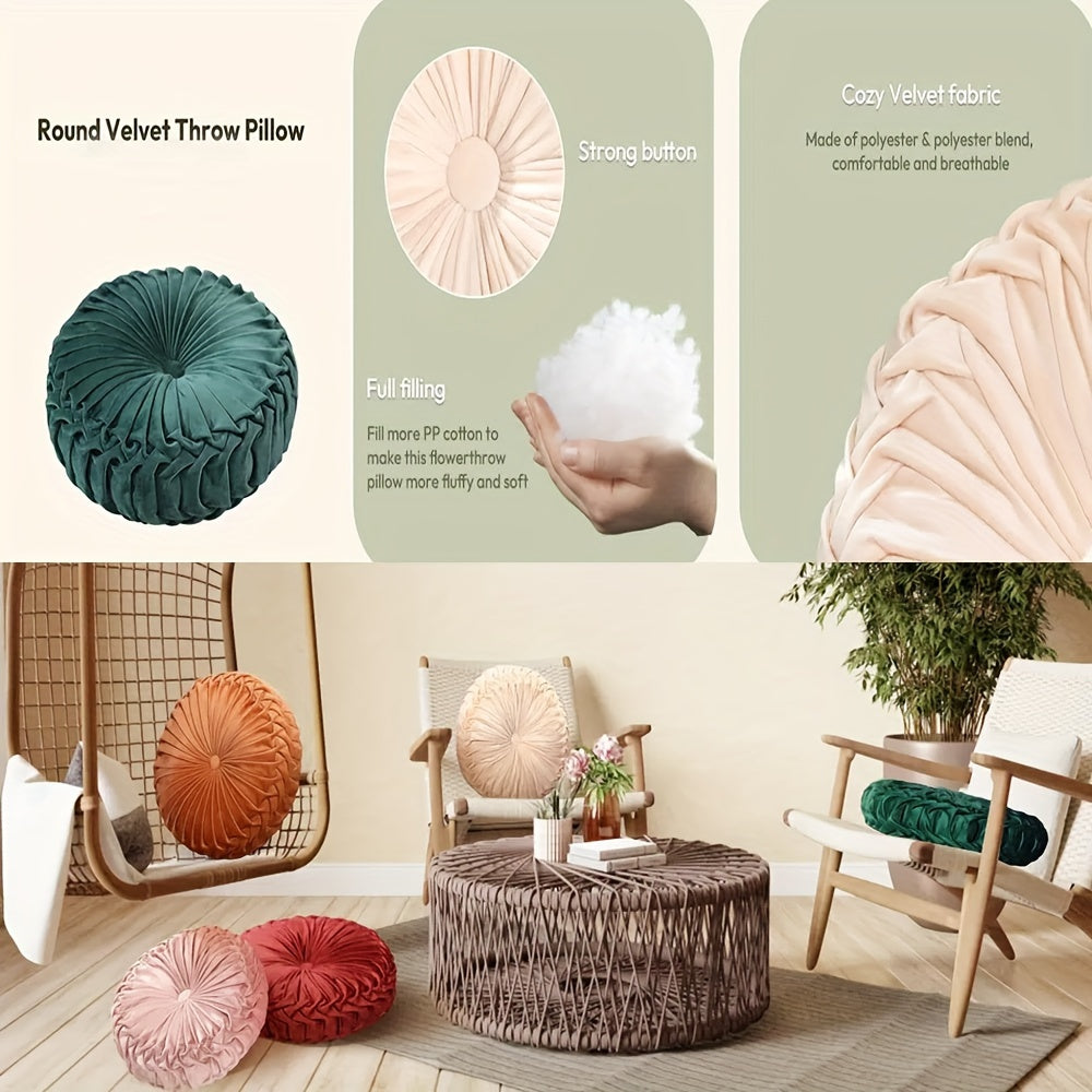 2 coussins décoratifs ronds plissés, coussins décoratifs citrouille élégants avec bouton central, coussins de sol en velours vintage pour canapé, lit, chaise de coiffeuse