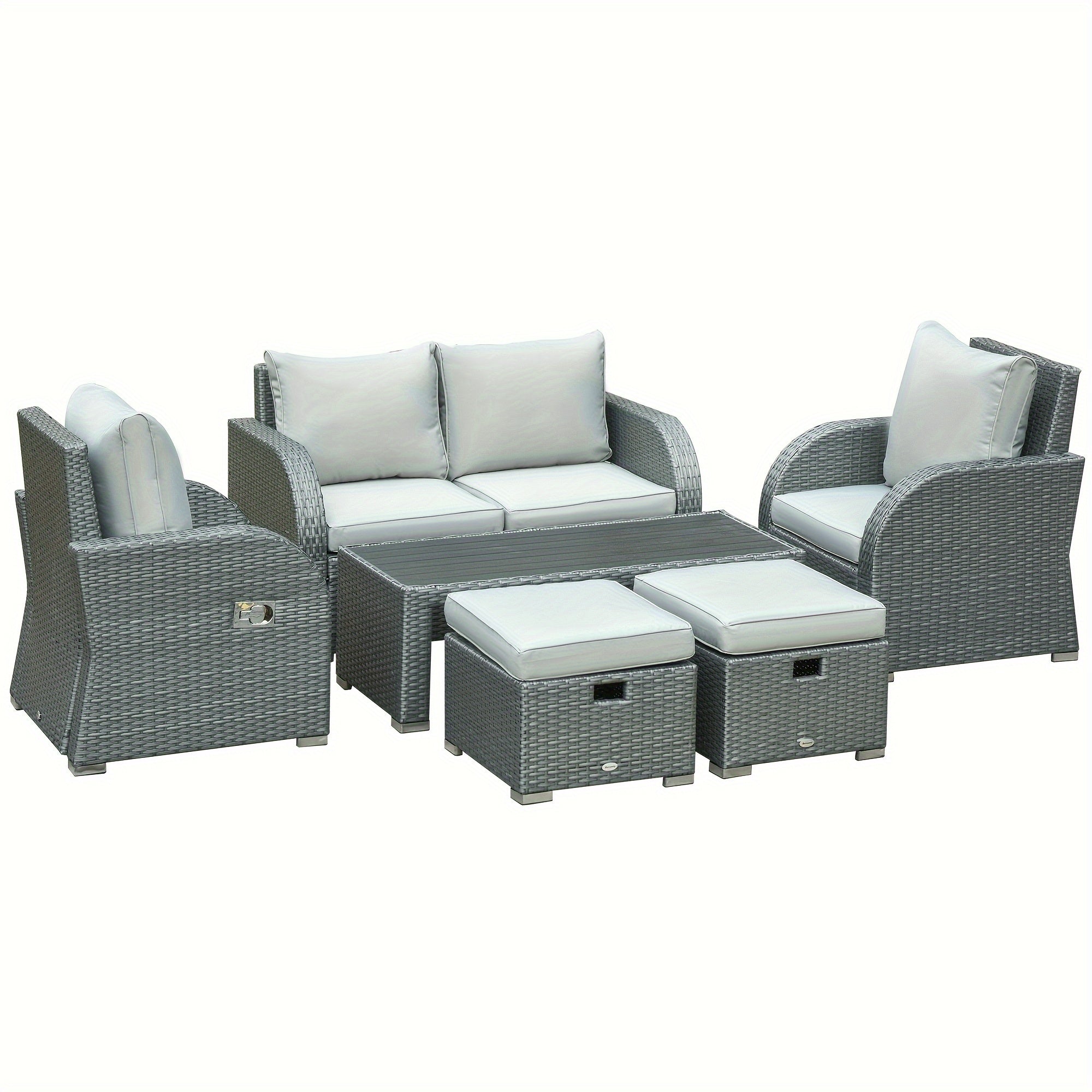 Ensemble de 6 pièces de Mobilier de Patio, Canapé Extérieur en Osier, Fauteuil Inclinable à Angle Ajustable, Ensemble de Conversation, Poufs, avec Table Basse en Polyester, Ressort à Gaz & Coussins Doux Lavables, Gris