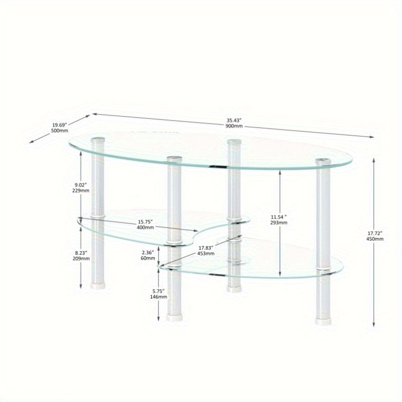 Table basse en verre ovale transparente, table moderne avec pied en acier inoxydable, table à thé, table en verre à 3 couches pour salon, sans batterie