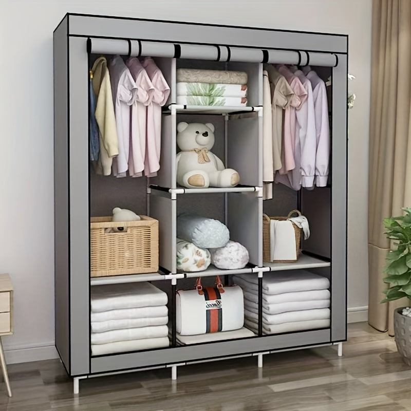 130 Portable Wardrobe with Non-Woven Fabric Cover, 6 Storage Shelves, 1 Hanging Section and 4 Side Pockets, Installable Closet System